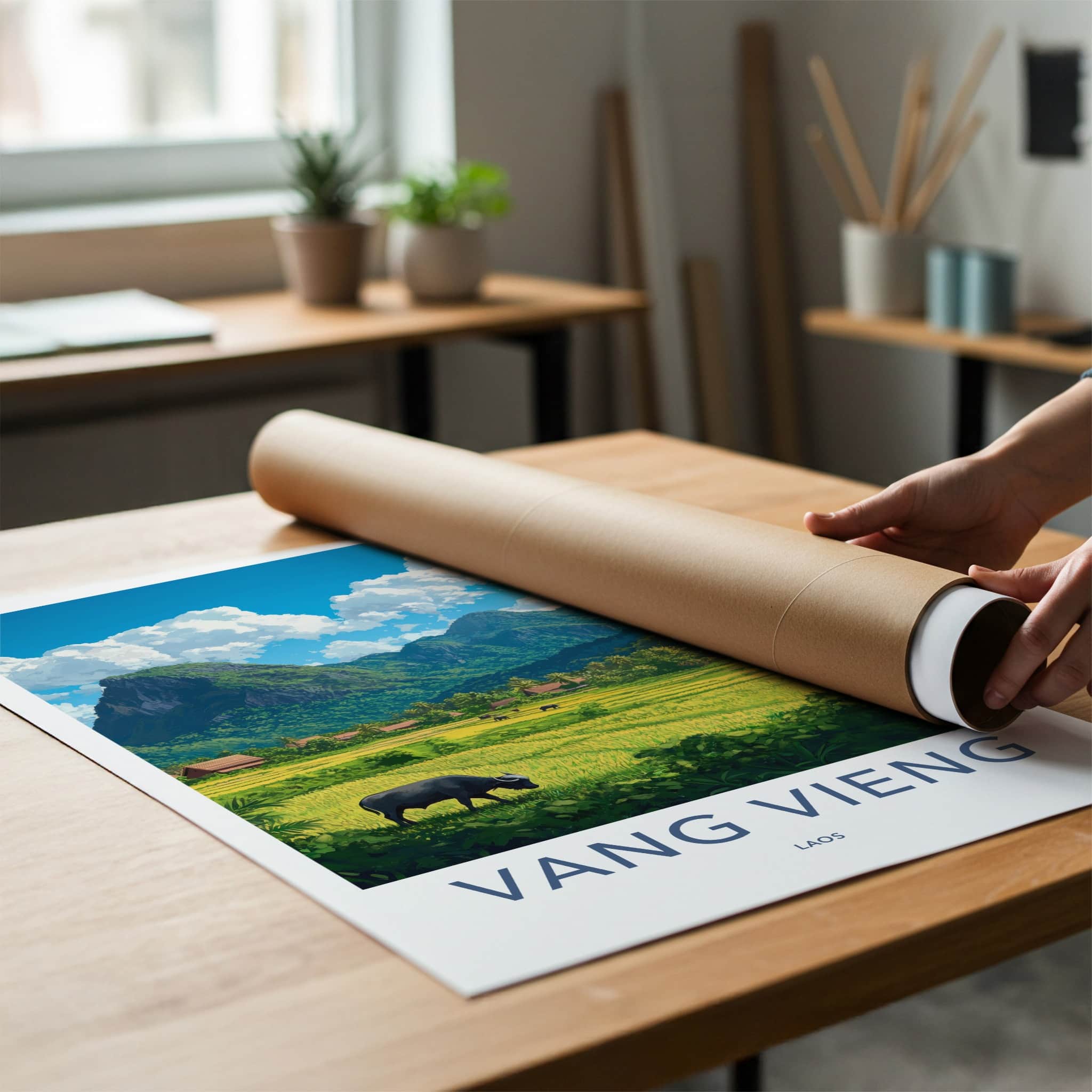Vang Vieng Poster - Laos Travel Art - Green Rice Paddy Buffalo Home Decor