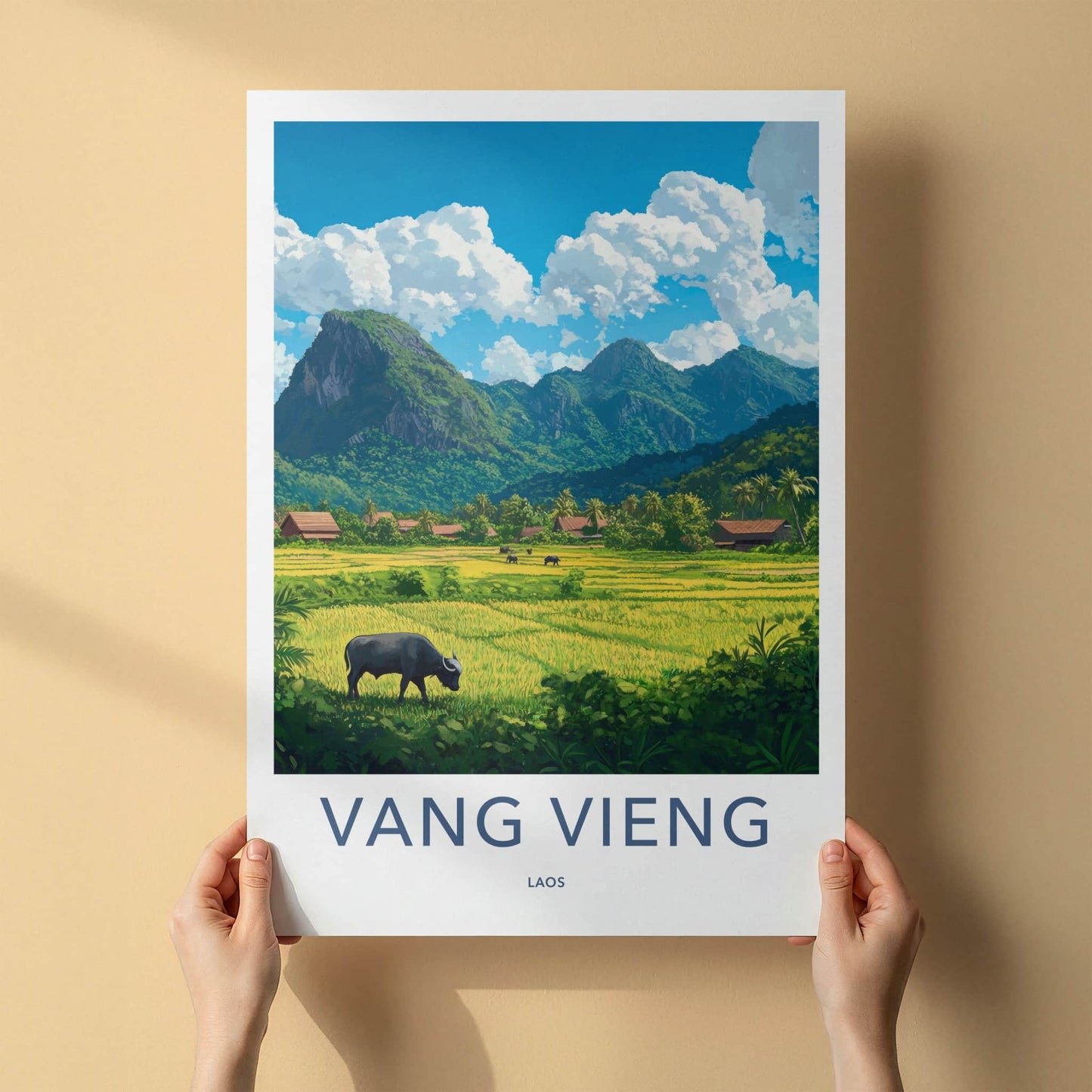 Vang Vieng Poster - Laos Travel Art - Green Rice Paddy Buffalo Home Decor