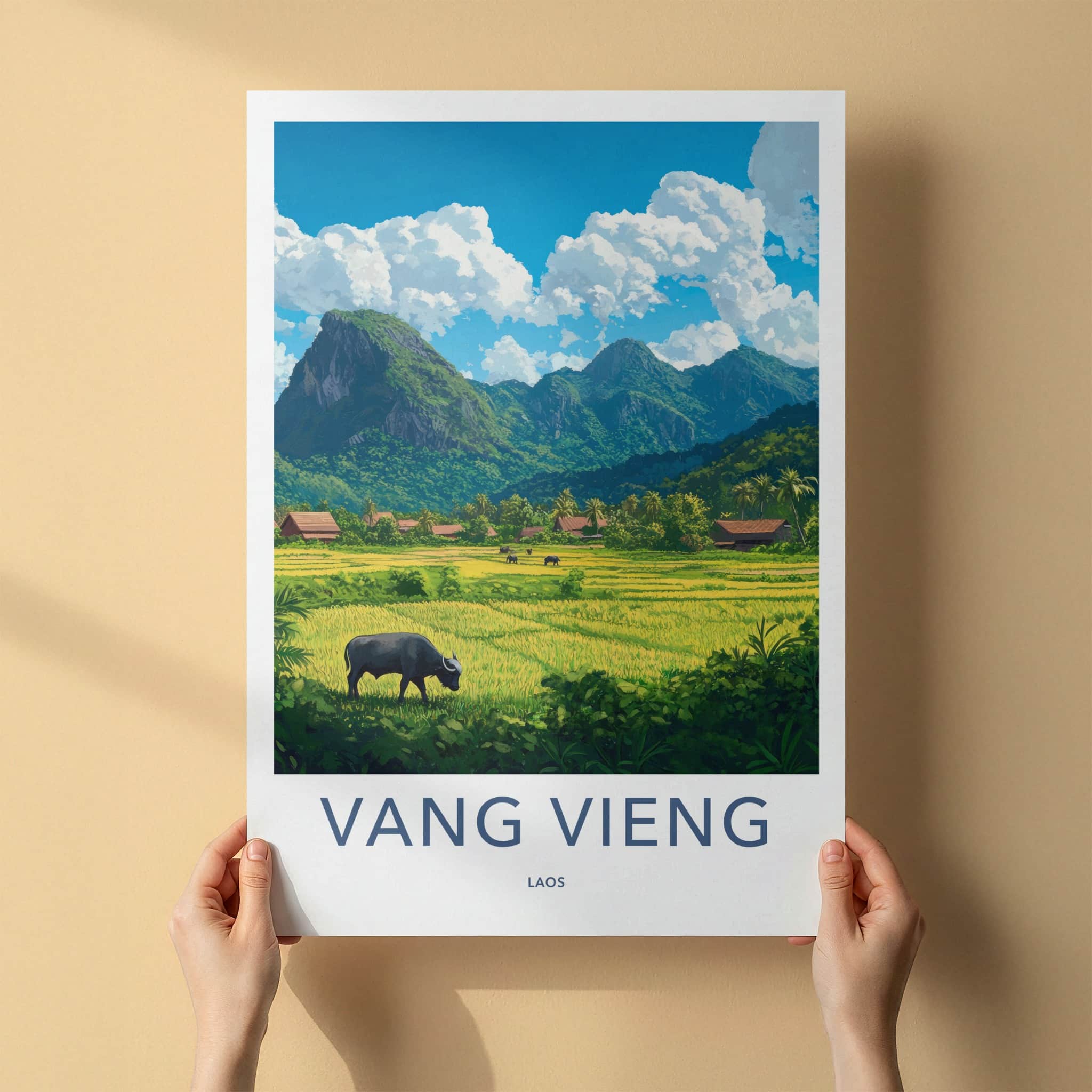 Vang Vieng Poster - Laos Travel Art - Green Rice Paddy Buffalo Home Decor