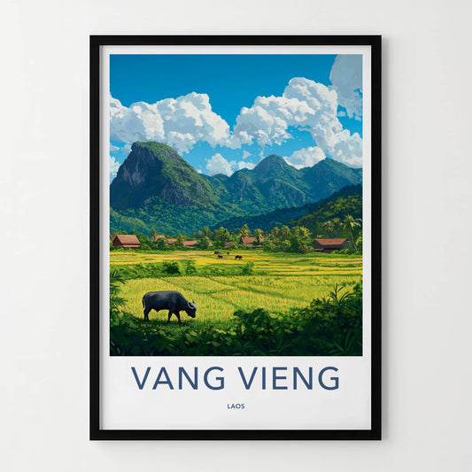 Vang Vieng Poster - Laos Travel Art - Green Rice Paddy Buffalo Home Decor