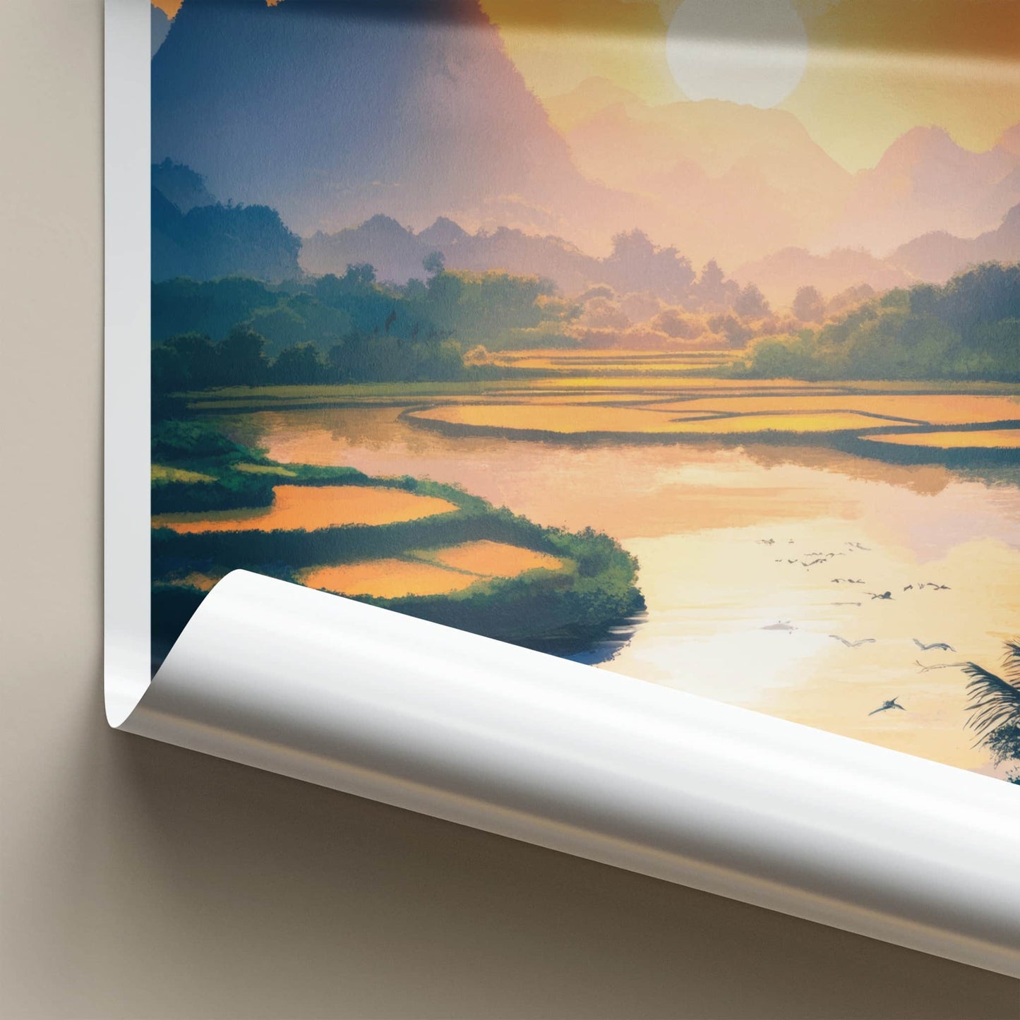 Vang Vieng Poster - Laos Travel Art - Paddy Field Glow Home Decor