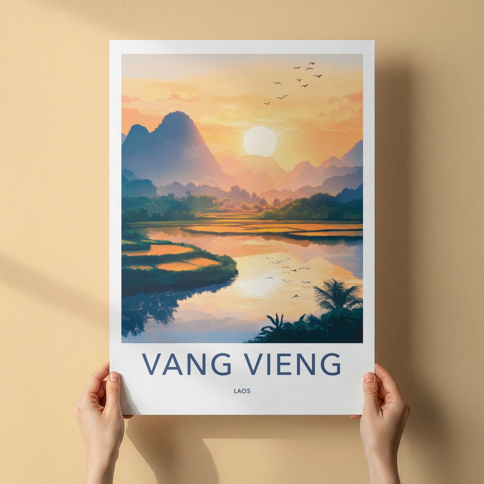 Vang Vieng Poster - Laos Travel Art - Paddy Field Glow Home Decor