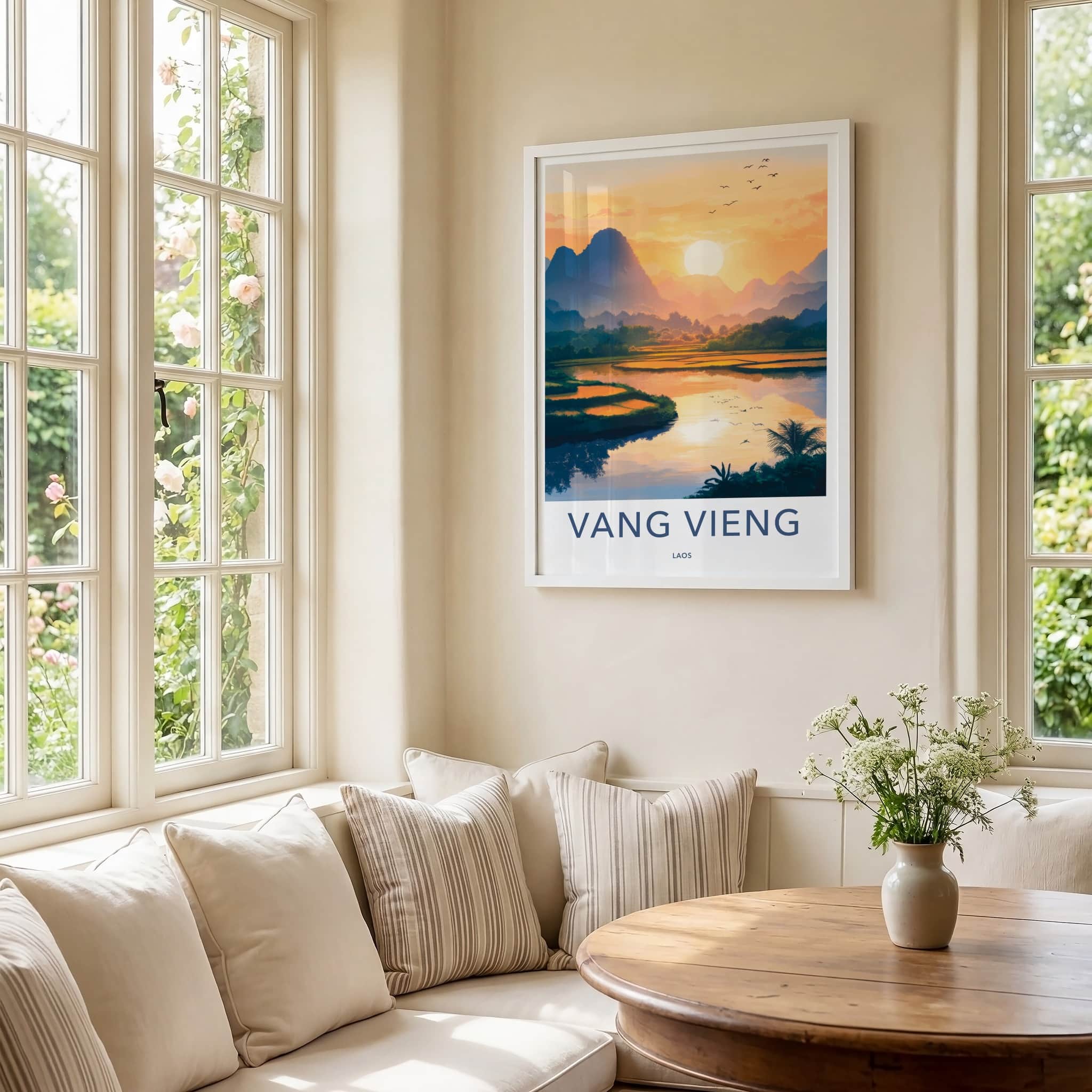 Vang Vieng Poster - Laos Travel Art - Paddy Field Glow Home Decor