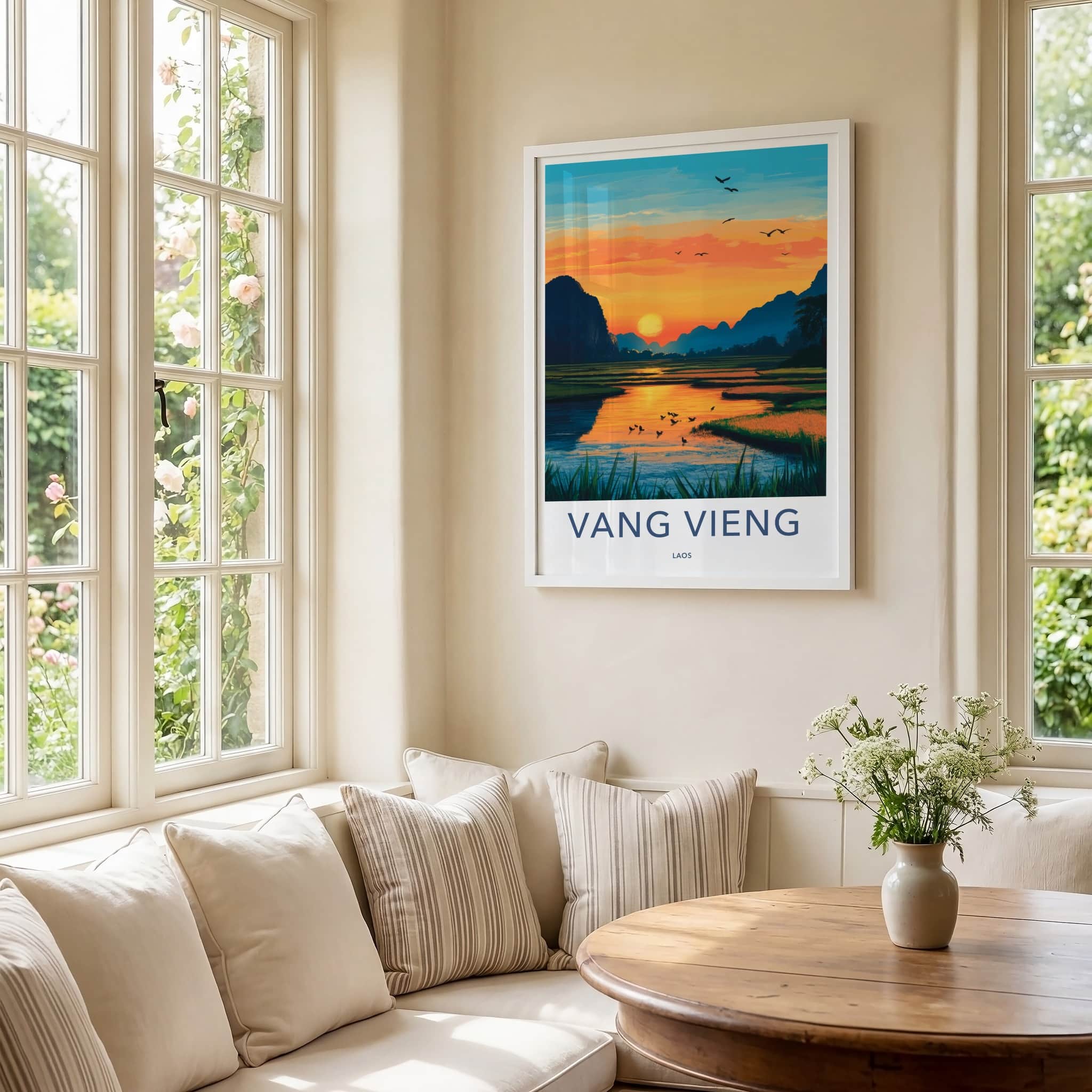 Vang Vieng Poster - Laos Travel Art - River Sunset Mountains Home Decor