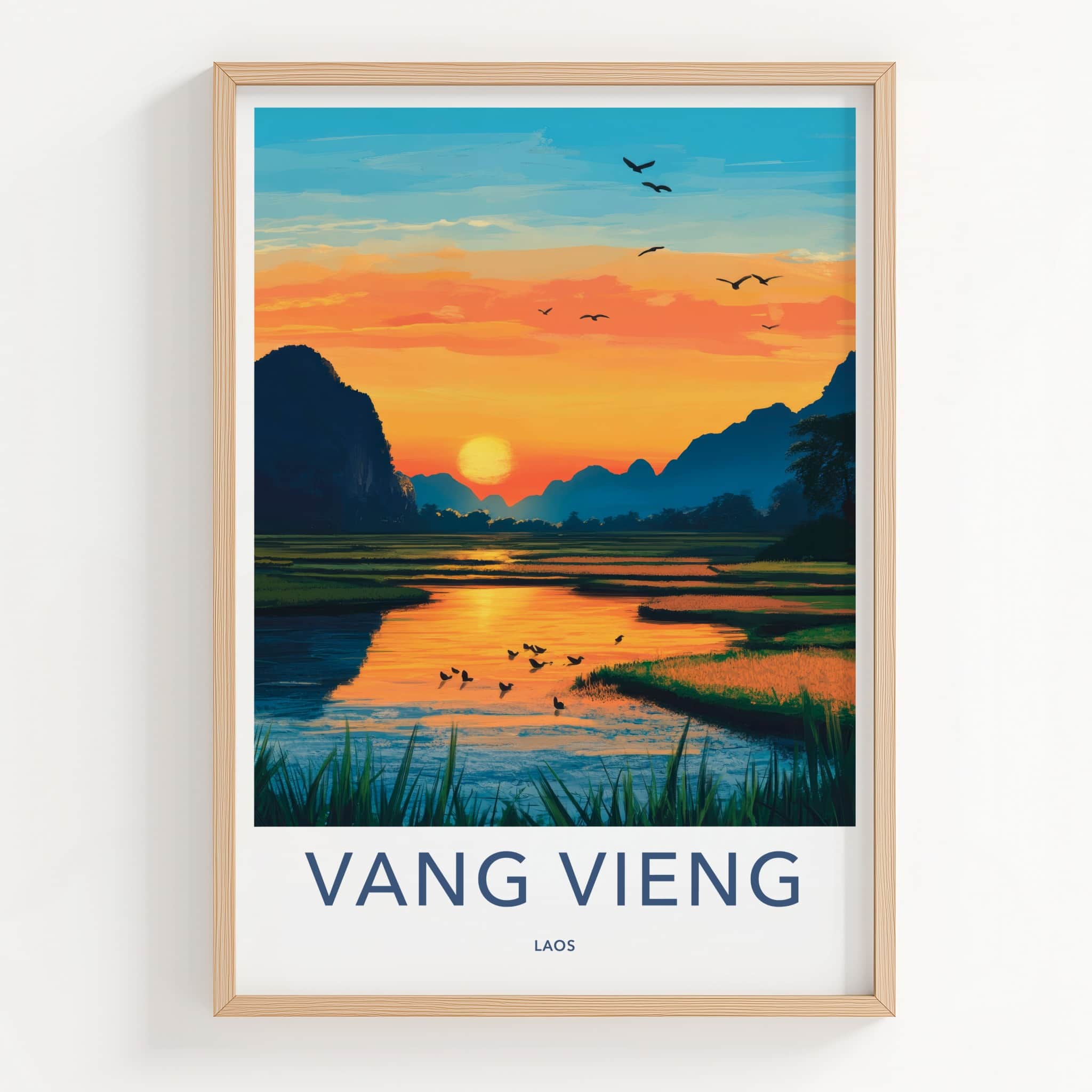 Vang Vieng Poster - Laos Travel Art - River Sunset Mountains Home Decor