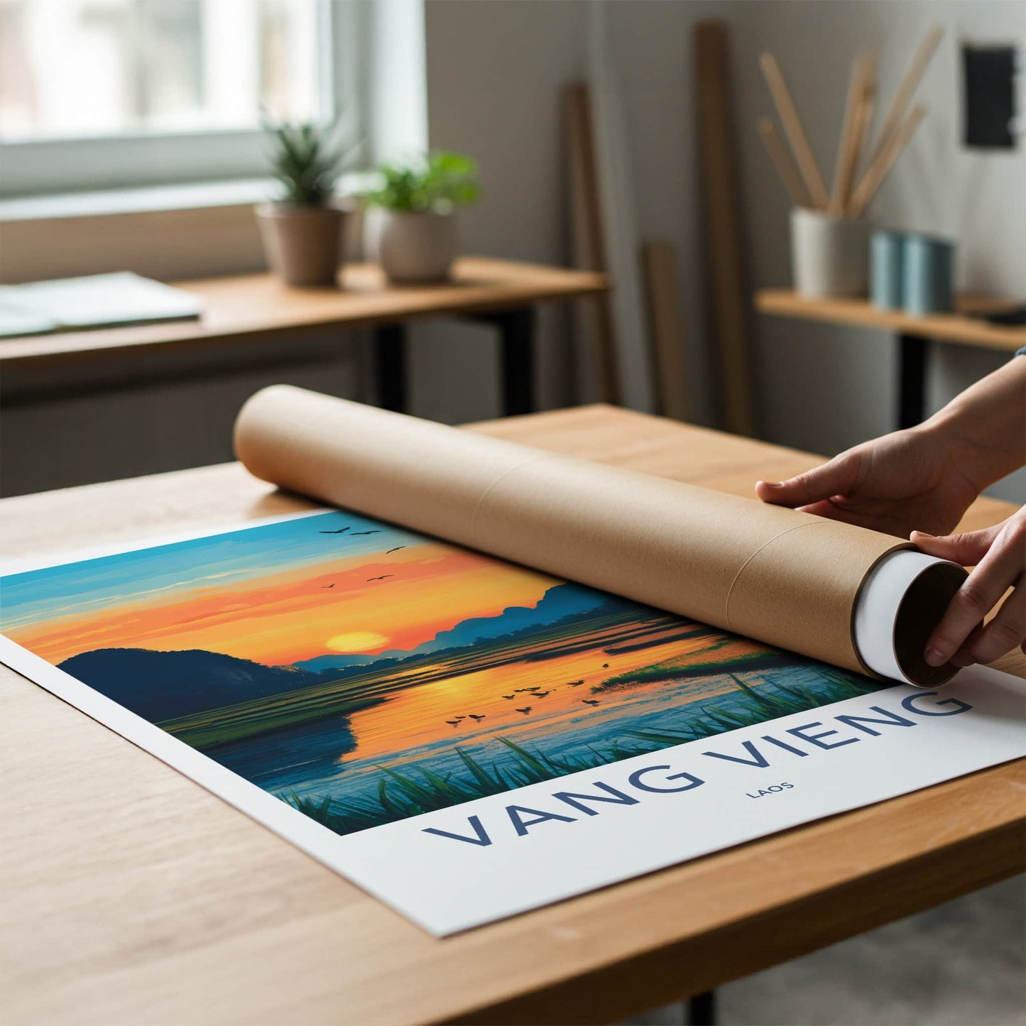 Vang Vieng Poster - Laos Travel Art - River Sunset Mountains Home Decor