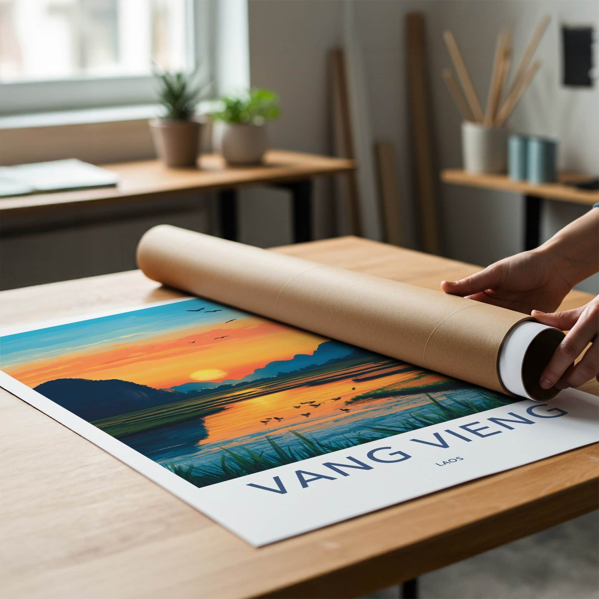 Vang Vieng Poster - Laos Travel Art - River Sunset Mountains Home Decor