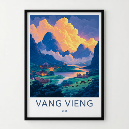 Vang Vieng Poster - Laos Travel Art - Vibrant Village Sunset Home Decor