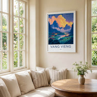 Vang Vieng Poster - Laos Travel Art - Vibrant Village Sunset Home Decor