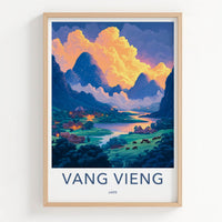 Vang Vieng Poster - Laos Travel Art - Vibrant Village Sunset Home Decor