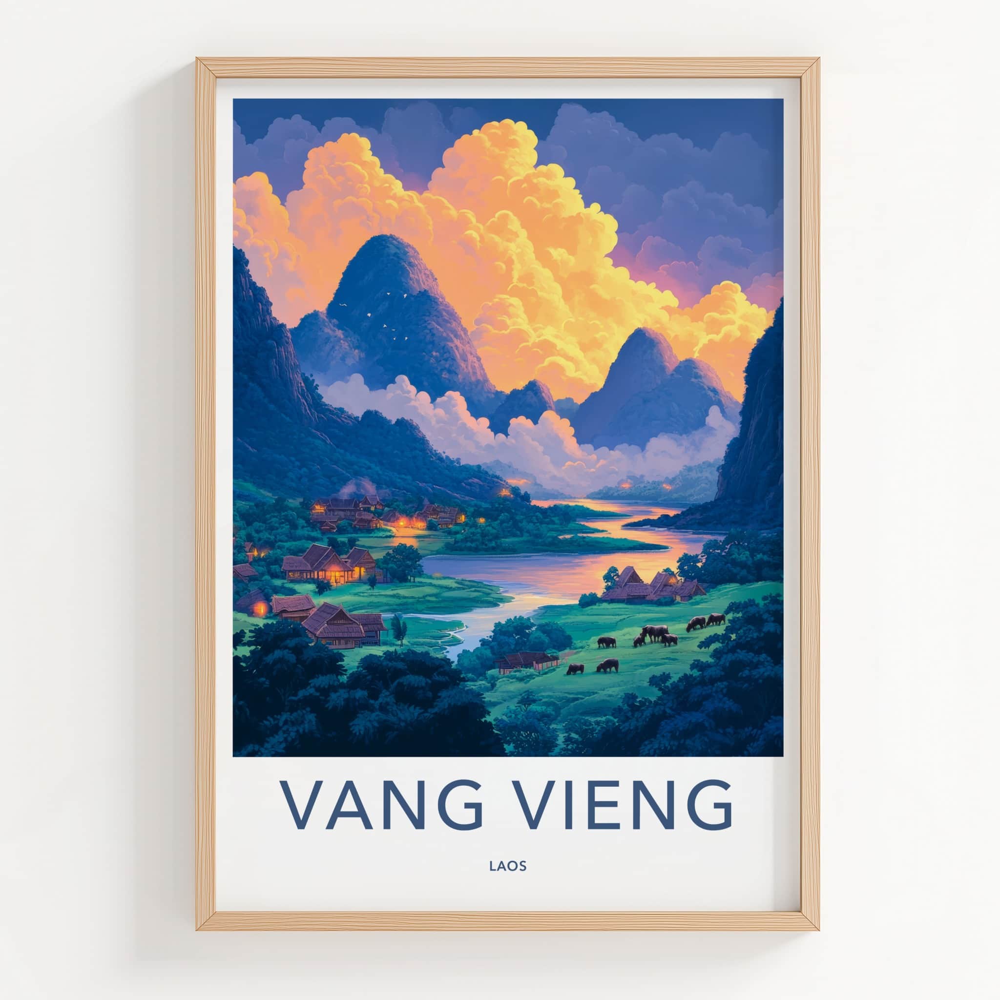 Vang Vieng Poster - Laos Travel Art - Vibrant Village Sunset Home Decor