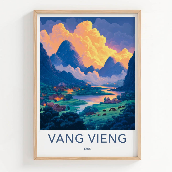 Vang Vieng Poster - Laos Travel Art - Vibrant Village Sunset Home Decor