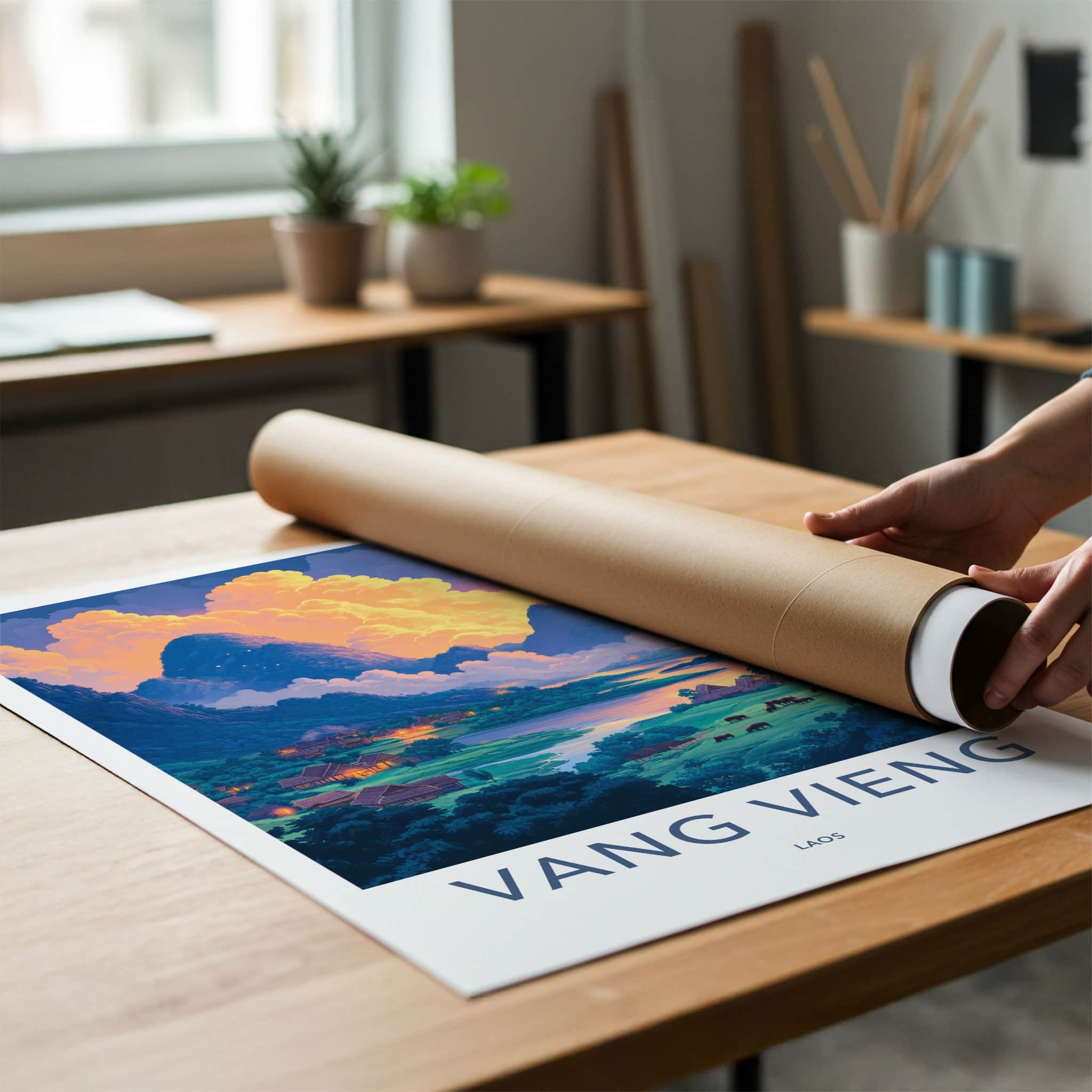 Vang Vieng Poster - Laos Travel Art - Vibrant Village Sunset Home Decor