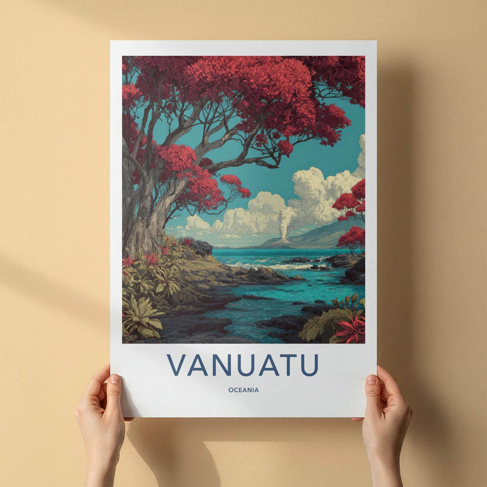 Vanuatu Poster - Vanuatu Travel Art - Smoking Volcano Ocean Home Decor