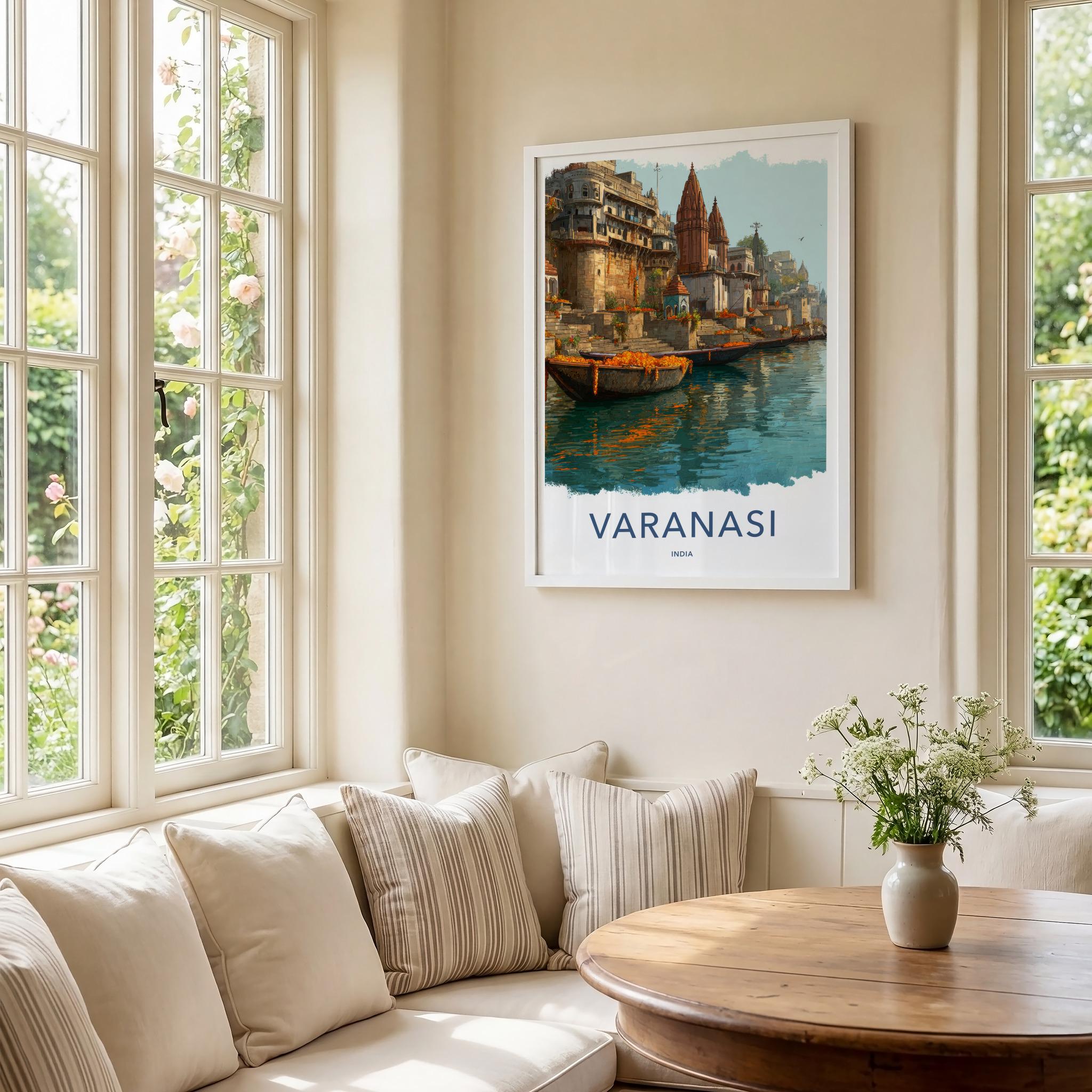 Varanasi Poster - India Travel Art - Uttar Pradesh Ganges River Boats Home Decor