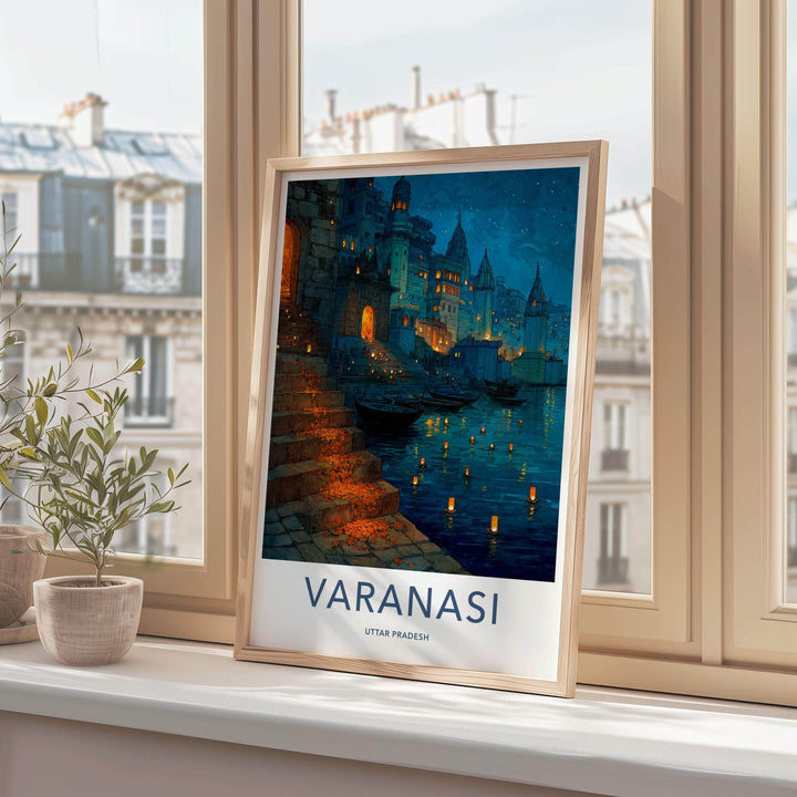 Varanasi Poster - India Travel Art - Uttar Pradesh Ghat Lights Home Decor