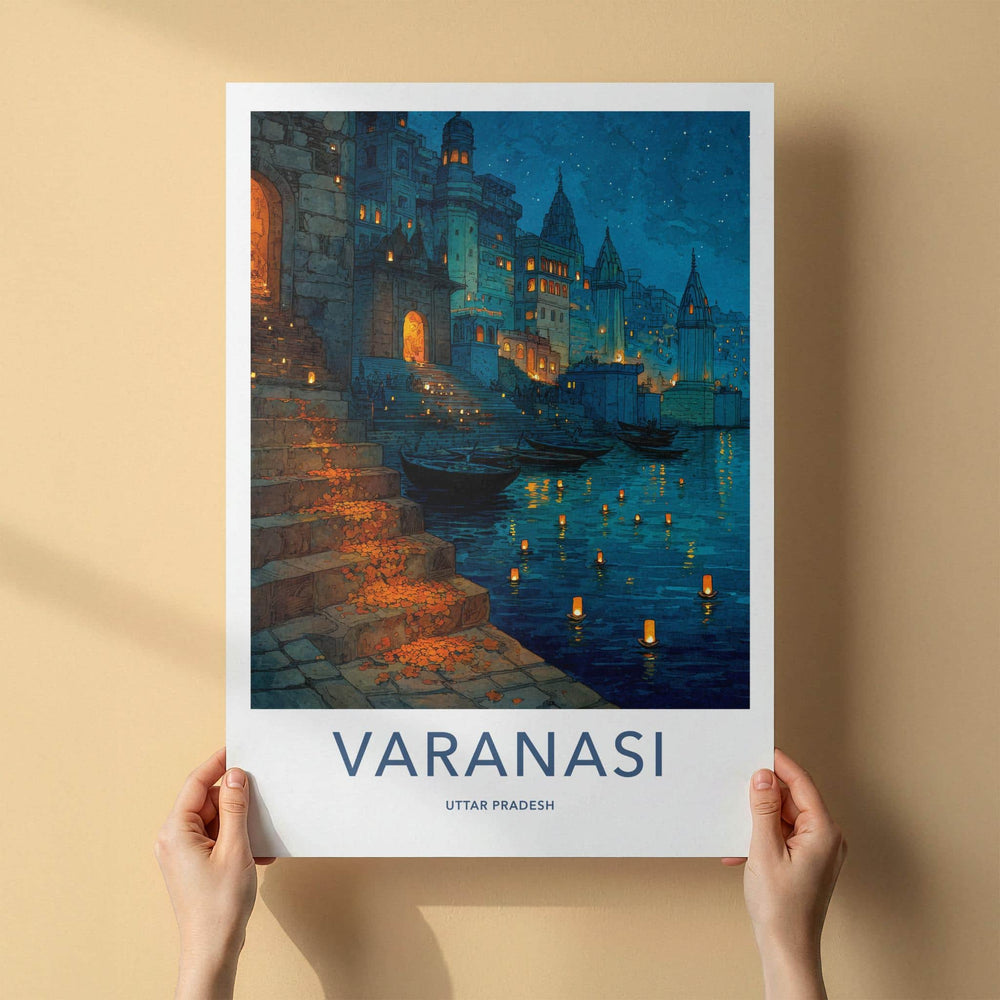 Varanasi Poster - India Travel Art - Uttar Pradesh Ghat Lights Home Decor