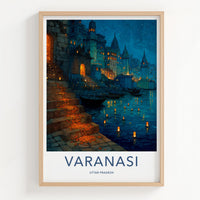 Varanasi Poster - India Travel Art - Uttar Pradesh Ghat Lights Home Decor