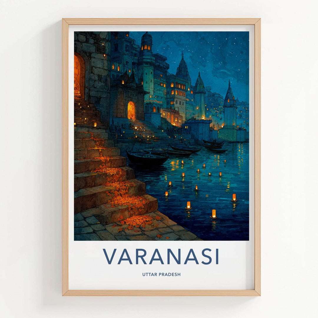 Varanasi Poster - India Travel Art - Uttar Pradesh Ghat Lights Home Decor
