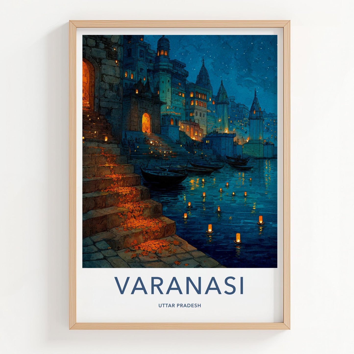 Varanasi Poster - India Travel Art - Uttar Pradesh Ghat Lights Home Decor