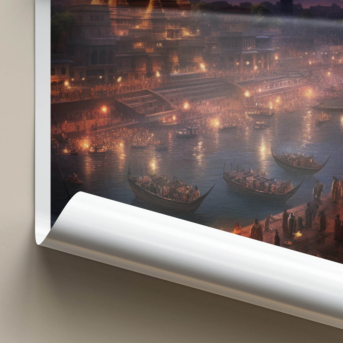 Varanasi Poster - India Travel Art - Uttar Pradesh Night Ghat Scene Home Decor