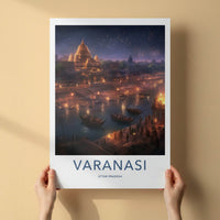 Varanasi Poster - India Travel Art - Uttar Pradesh Night Ghat Scene Home Decor