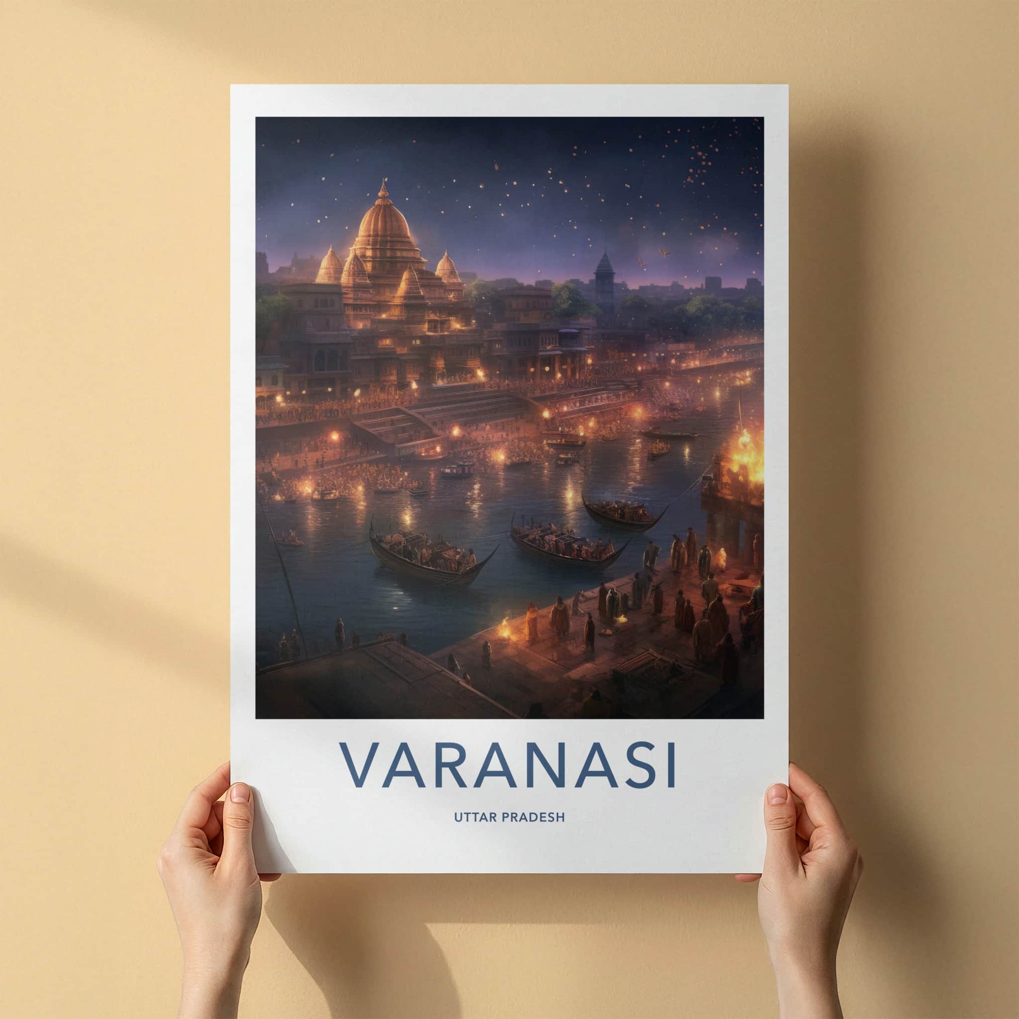 Varanasi Poster - India Travel Art - Uttar Pradesh Night Ghat Scene Home Decor