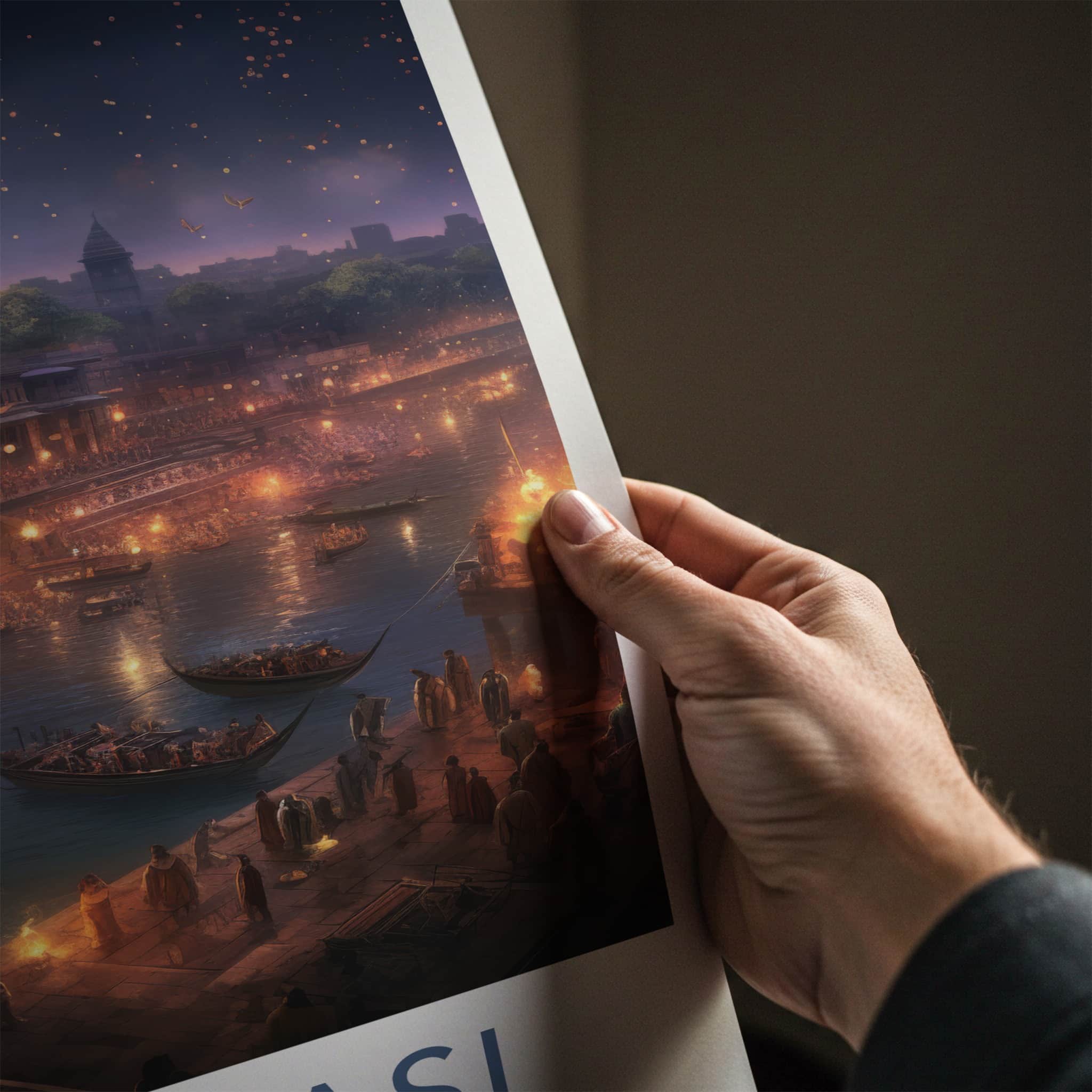 Varanasi Poster - India Travel Art - Uttar Pradesh Night Ghat Scene Home Decor