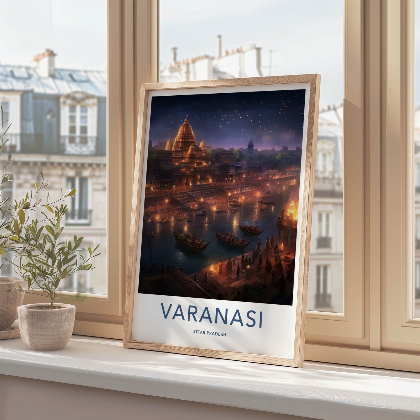 Varanasi Poster - India Travel Art - Uttar Pradesh Night Ghat Scene Home Decor