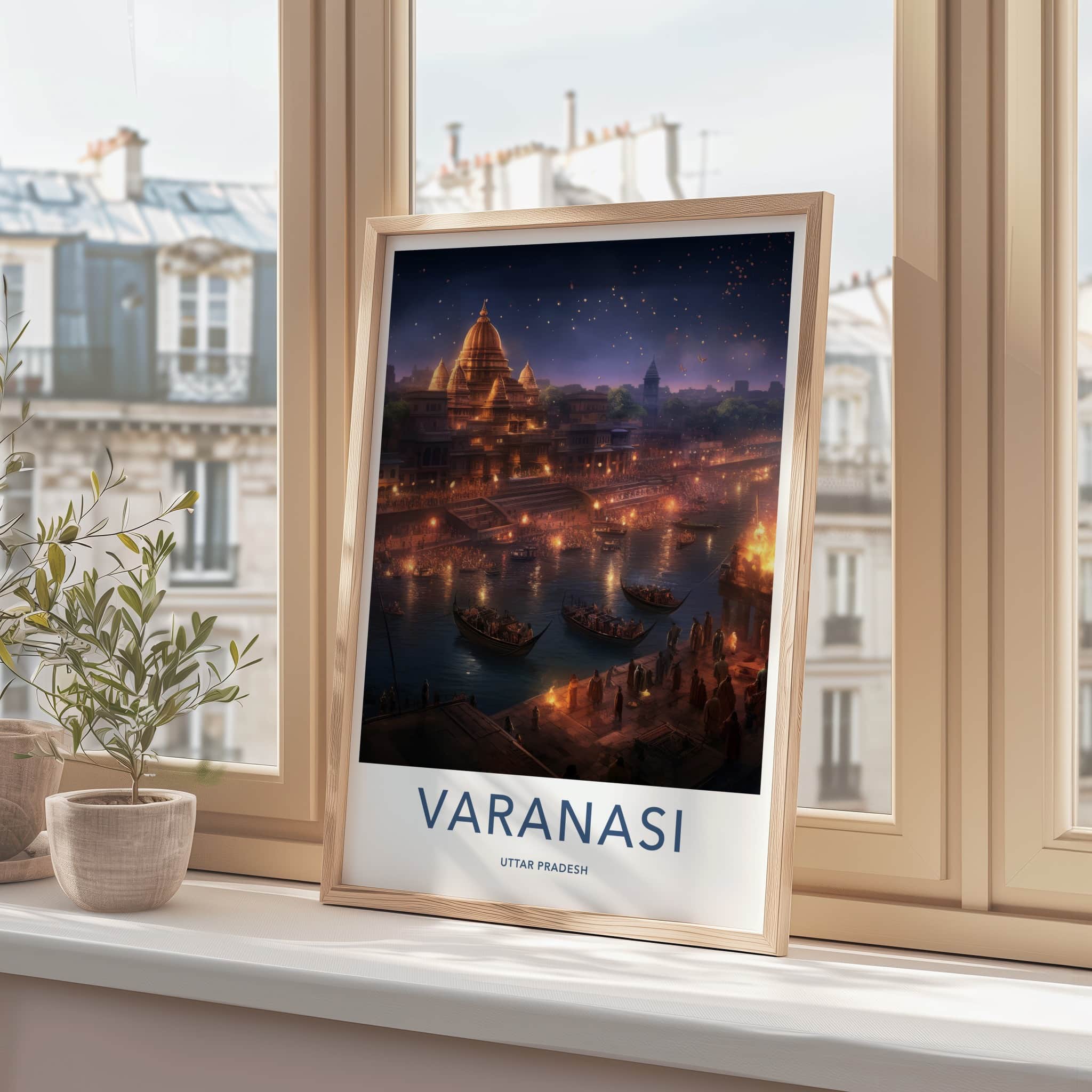 Varanasi Poster - India Travel Art - Uttar Pradesh Night Ghat Scene Home Decor