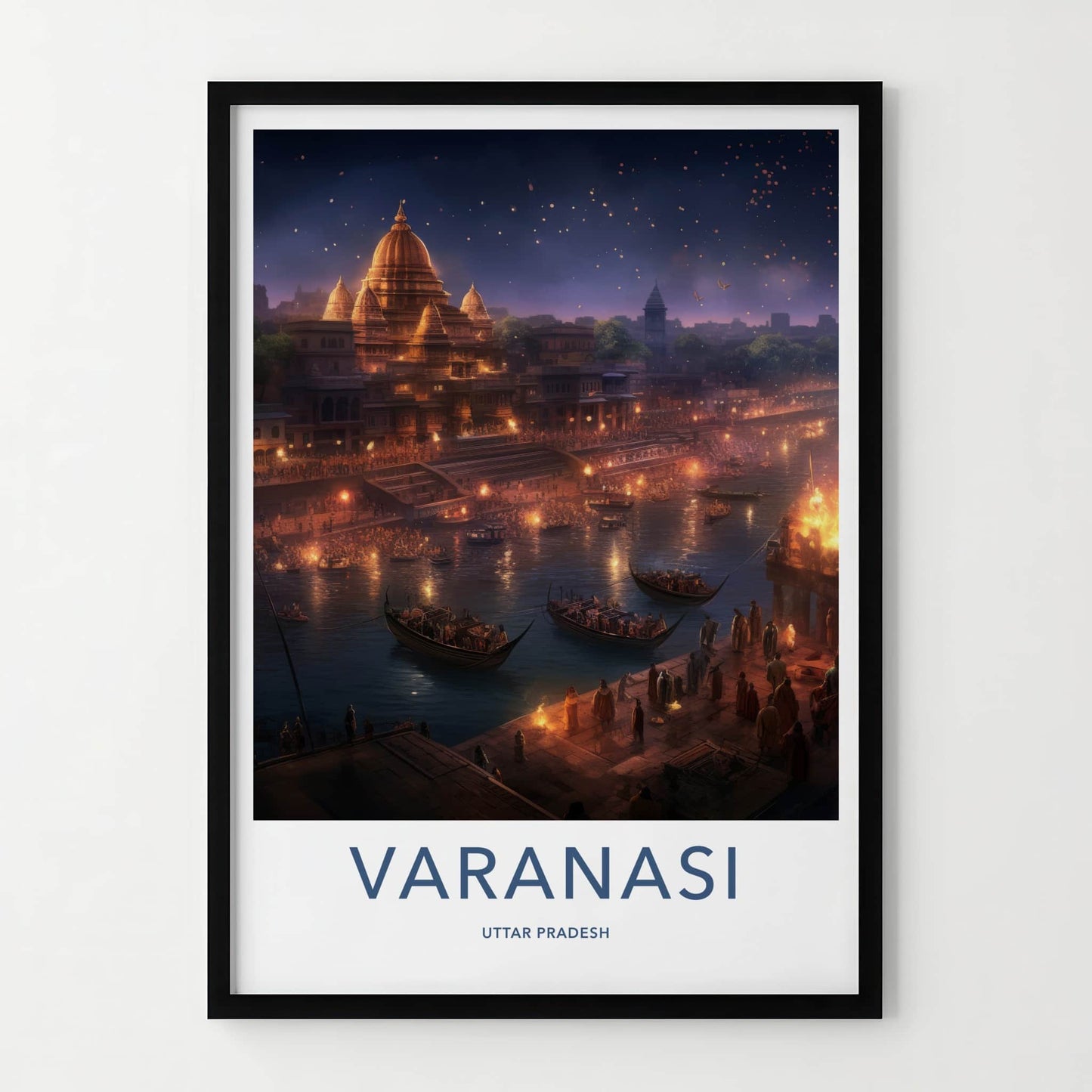 Varanasi Poster - India Travel Art - Uttar Pradesh Night Ghat Scene Home Decor