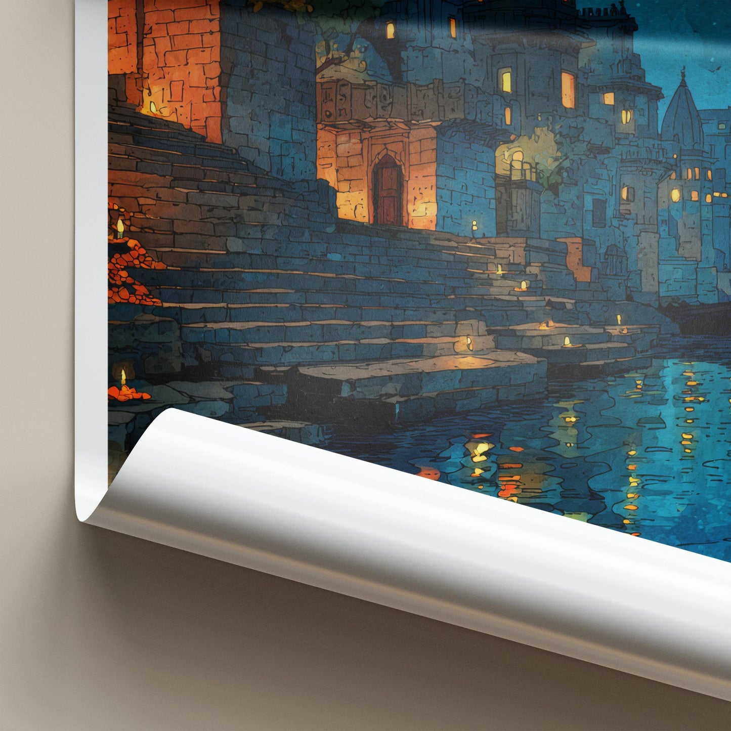 Varanasi Poster - India Travel Art - Uttar Pradesh river night Home Art