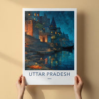 Varanasi Poster - India Travel Art - Uttar Pradesh river night Home Art