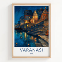 Varanasi Poster - India Travel Print - Uttar Pradesh Ghat Steps Glowing Gallery Art
