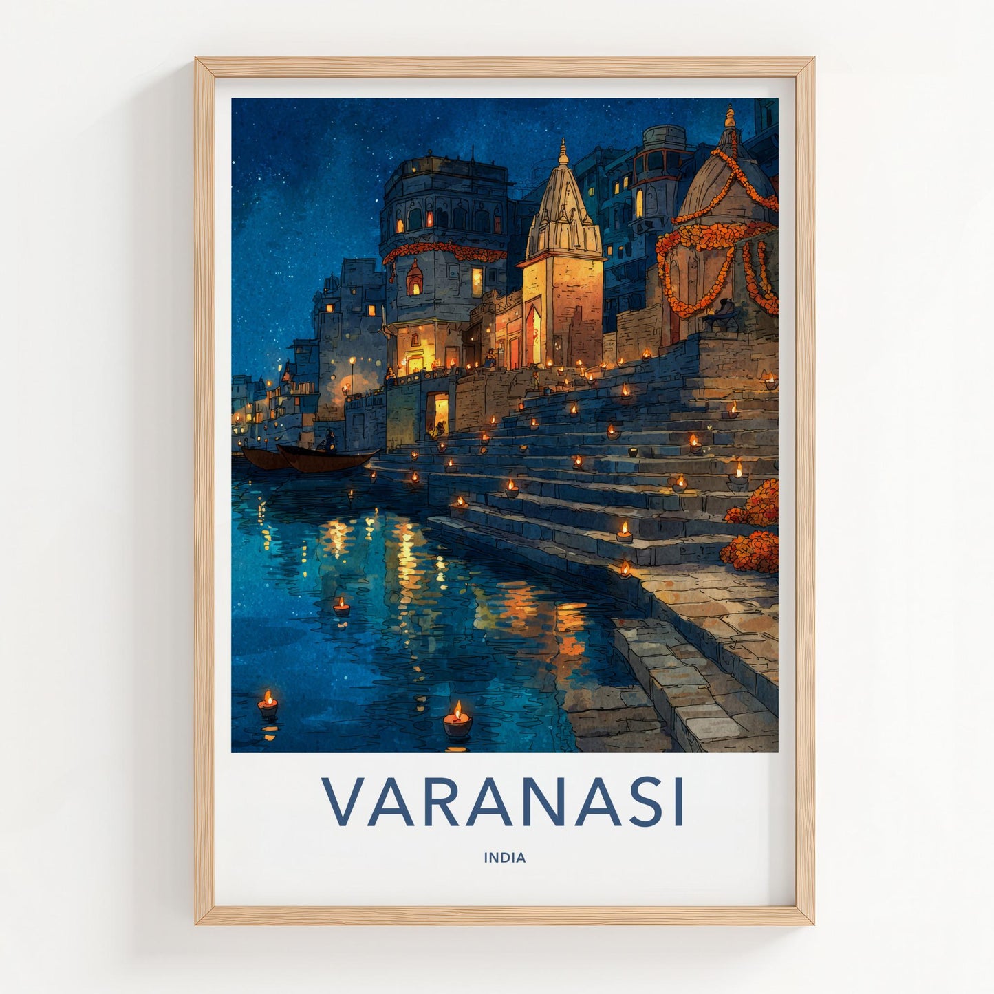 Varanasi Poster - India Travel Print - Uttar Pradesh Ghat Steps Glowing Gallery Art