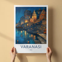 Varanasi Poster - India Travel Print - Uttar Pradesh Ghat Steps Glowing Gallery Art