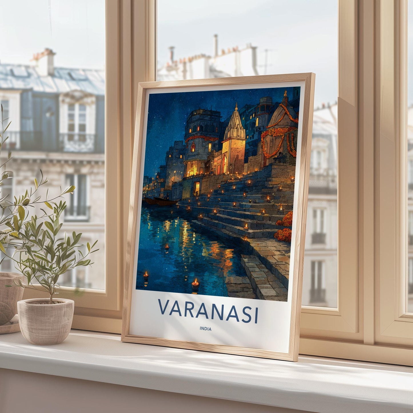 Varanasi Poster - India Travel Print - Uttar Pradesh Ghat Steps Glowing Gallery Art
