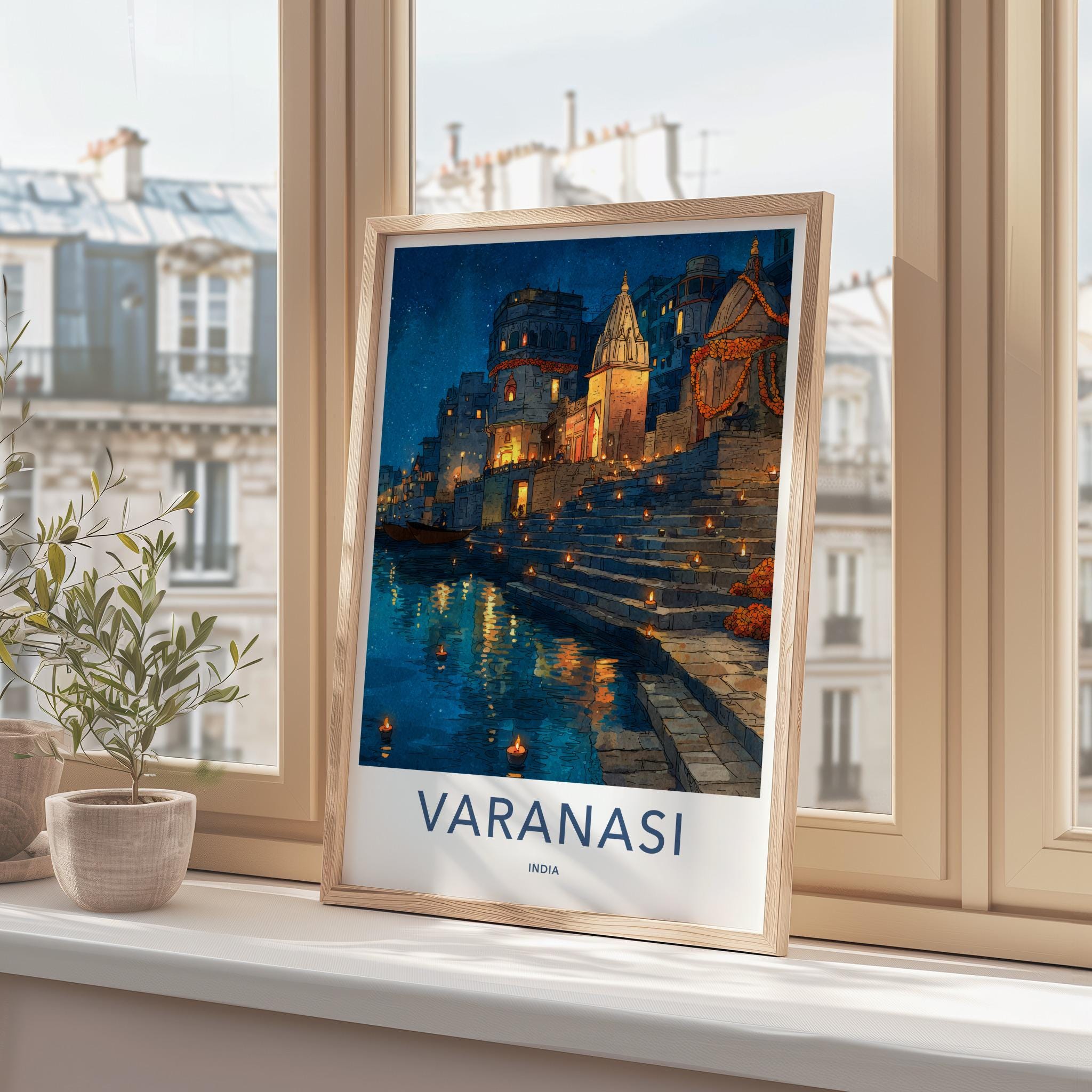Varanasi Poster - India Travel Print - Uttar Pradesh Ghat Steps Glowing Gallery Art