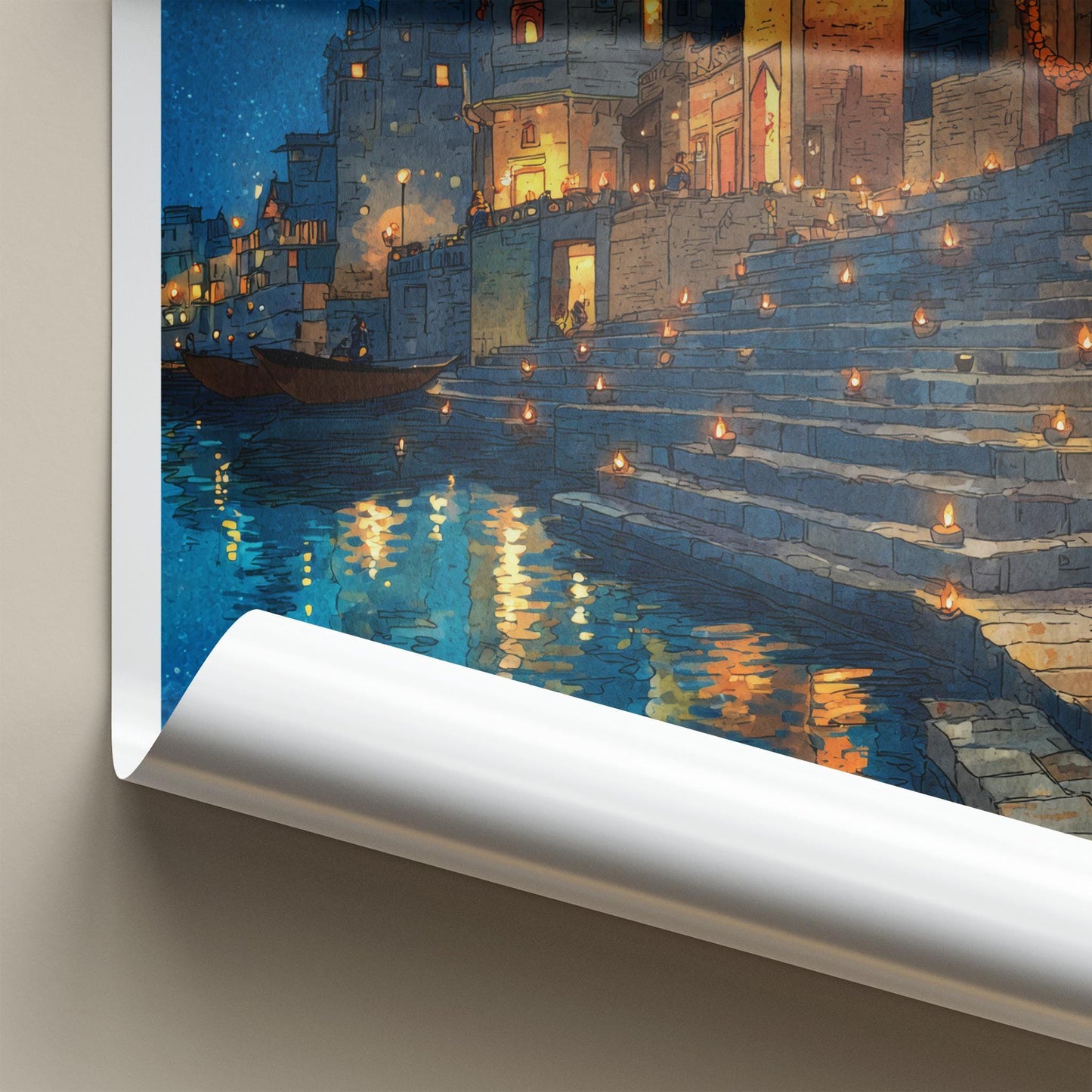 Varanasi Poster - India Travel Print - Uttar Pradesh Ghat Steps Glowing Gallery Art