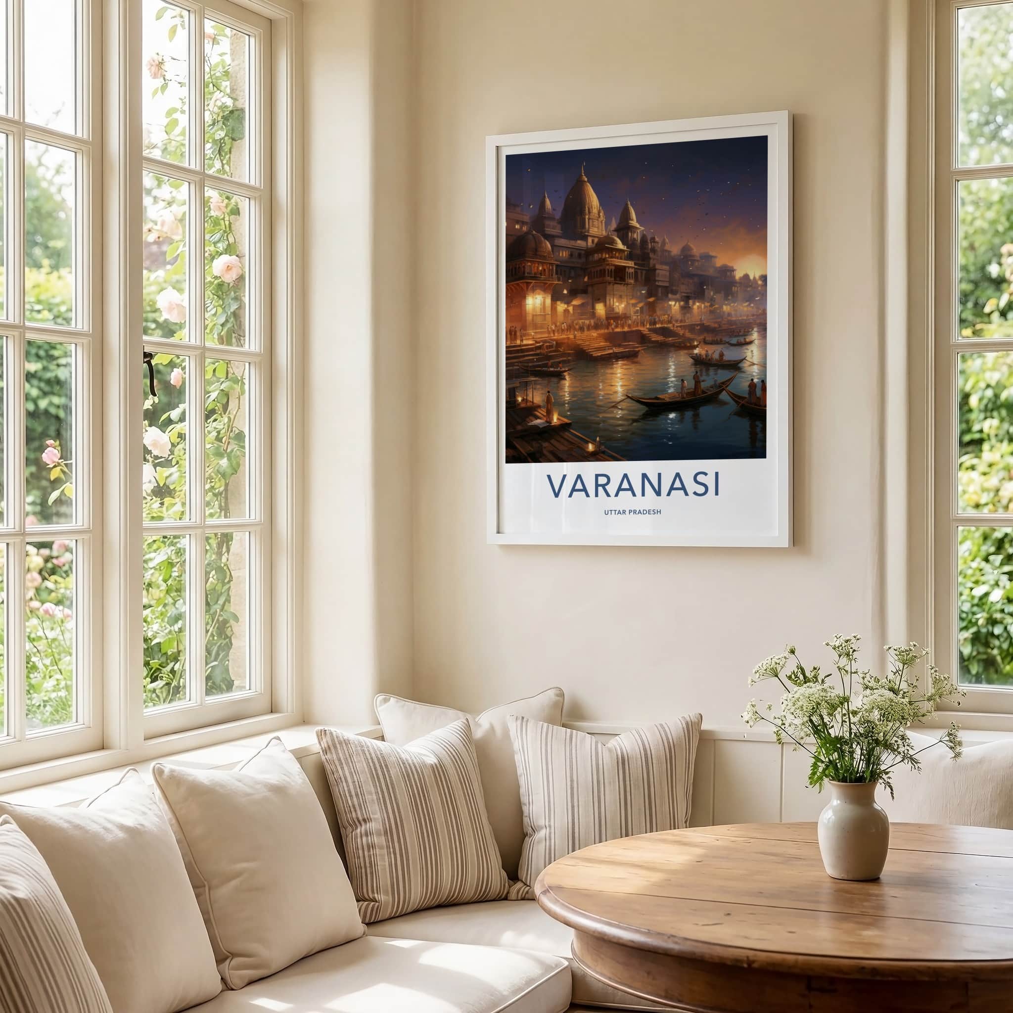 Varanasi Poster - India Wall Art - Uttar Pradesh Dusk River Ghats Gift