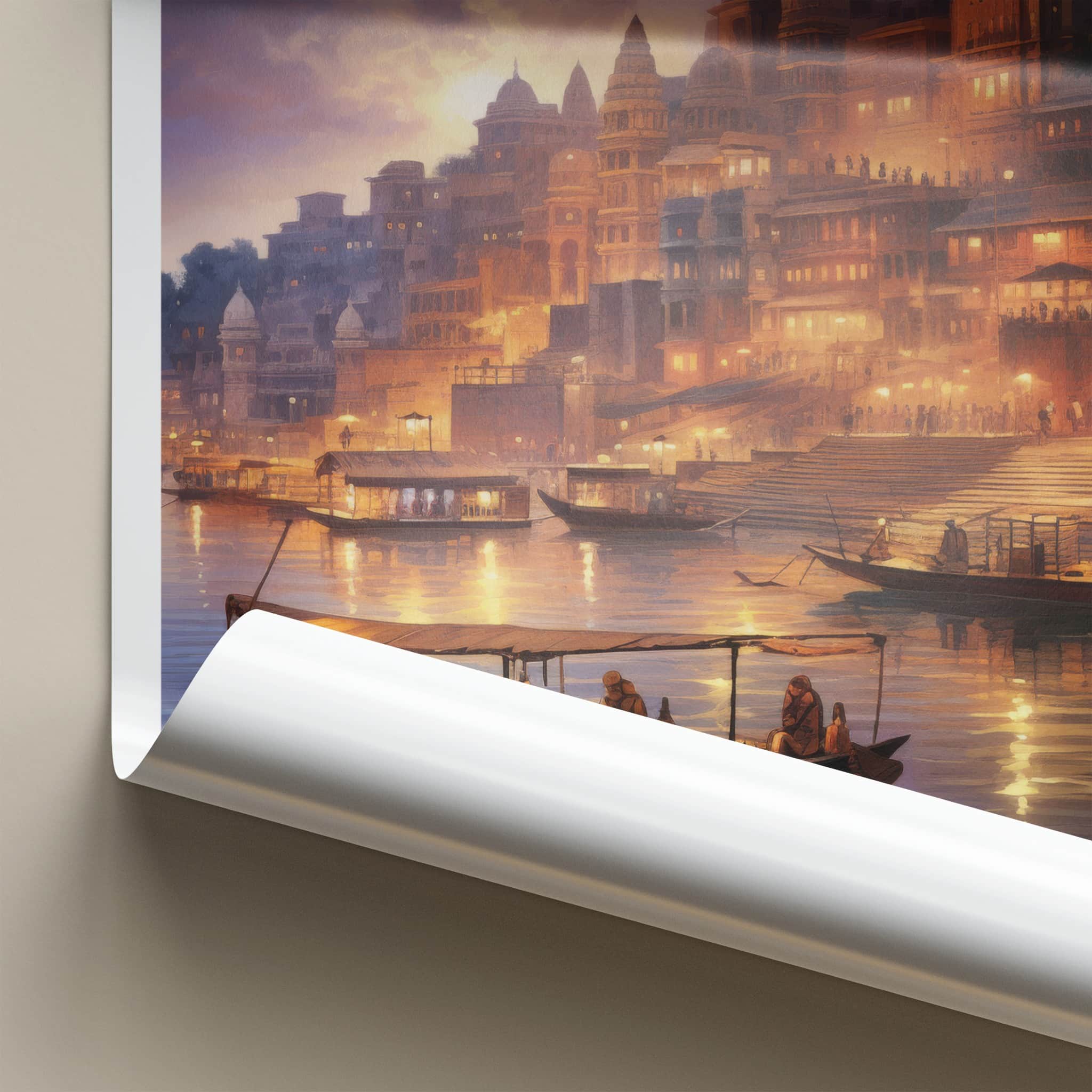 Varanasi Poster - India Wall Art - Uttar Pradesh Ghats Boats Dusk Gift