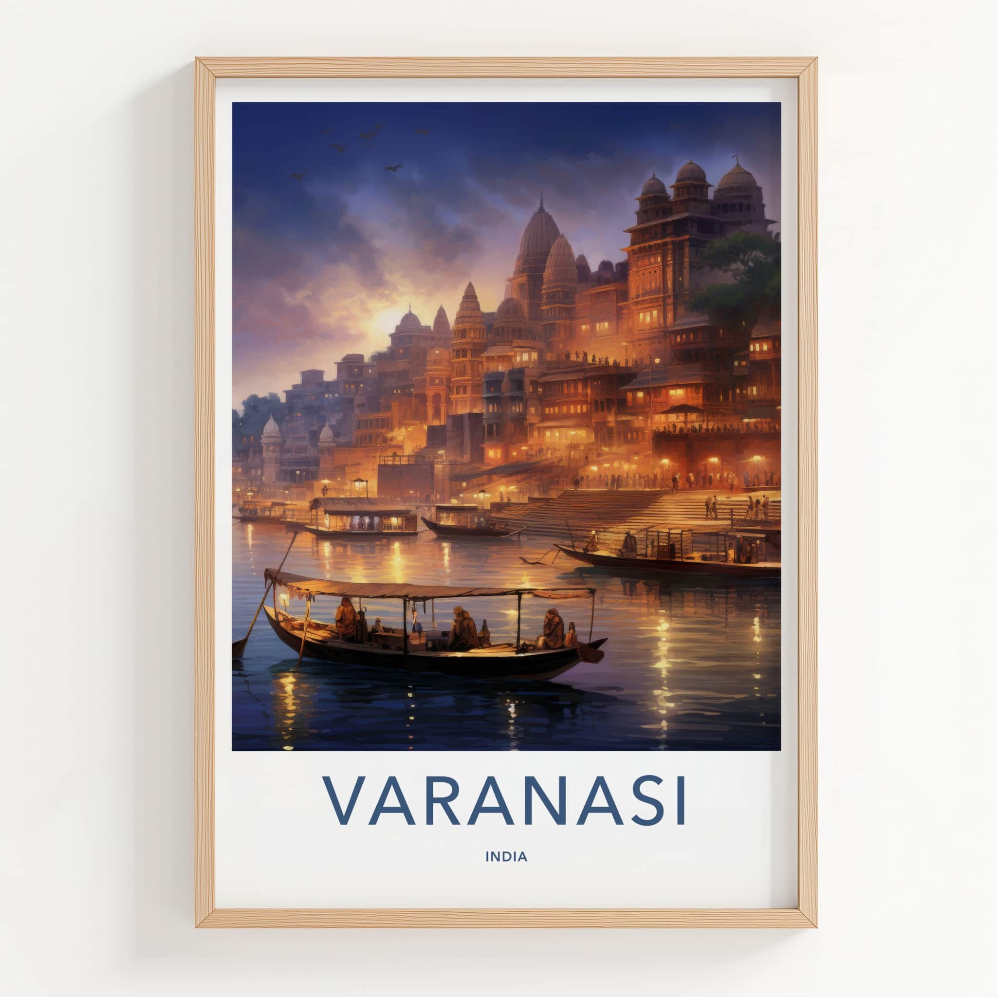 Varanasi Poster - India Wall Art - Uttar Pradesh Ghats Boats Dusk Gift