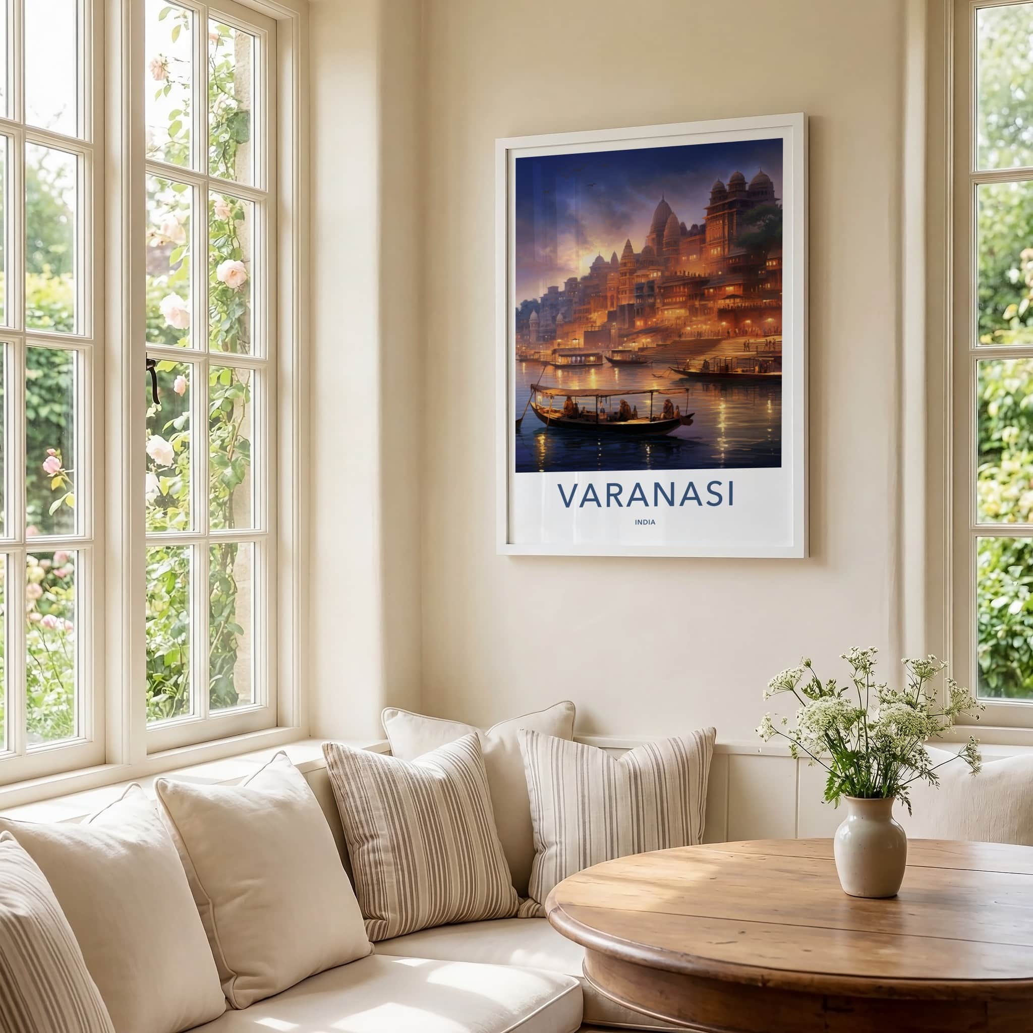 Varanasi Poster - India Wall Art - Uttar Pradesh Ghats Boats Dusk Gift
