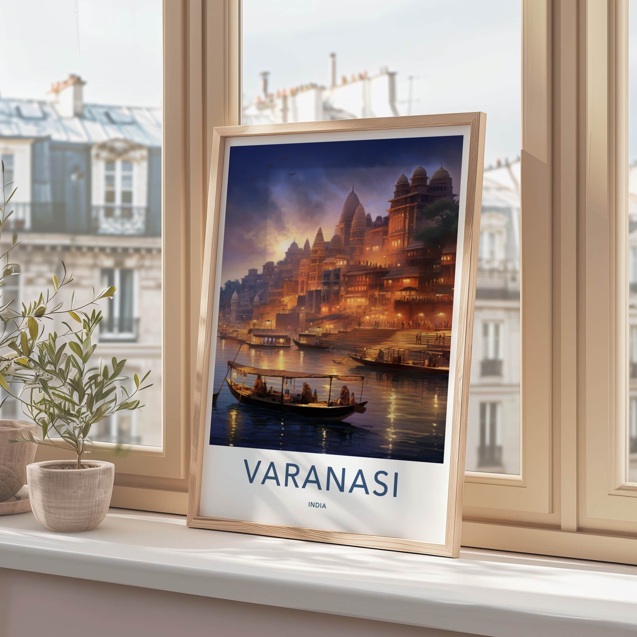 Varanasi Poster - India Wall Art - Uttar Pradesh Ghats Boats Dusk Gift