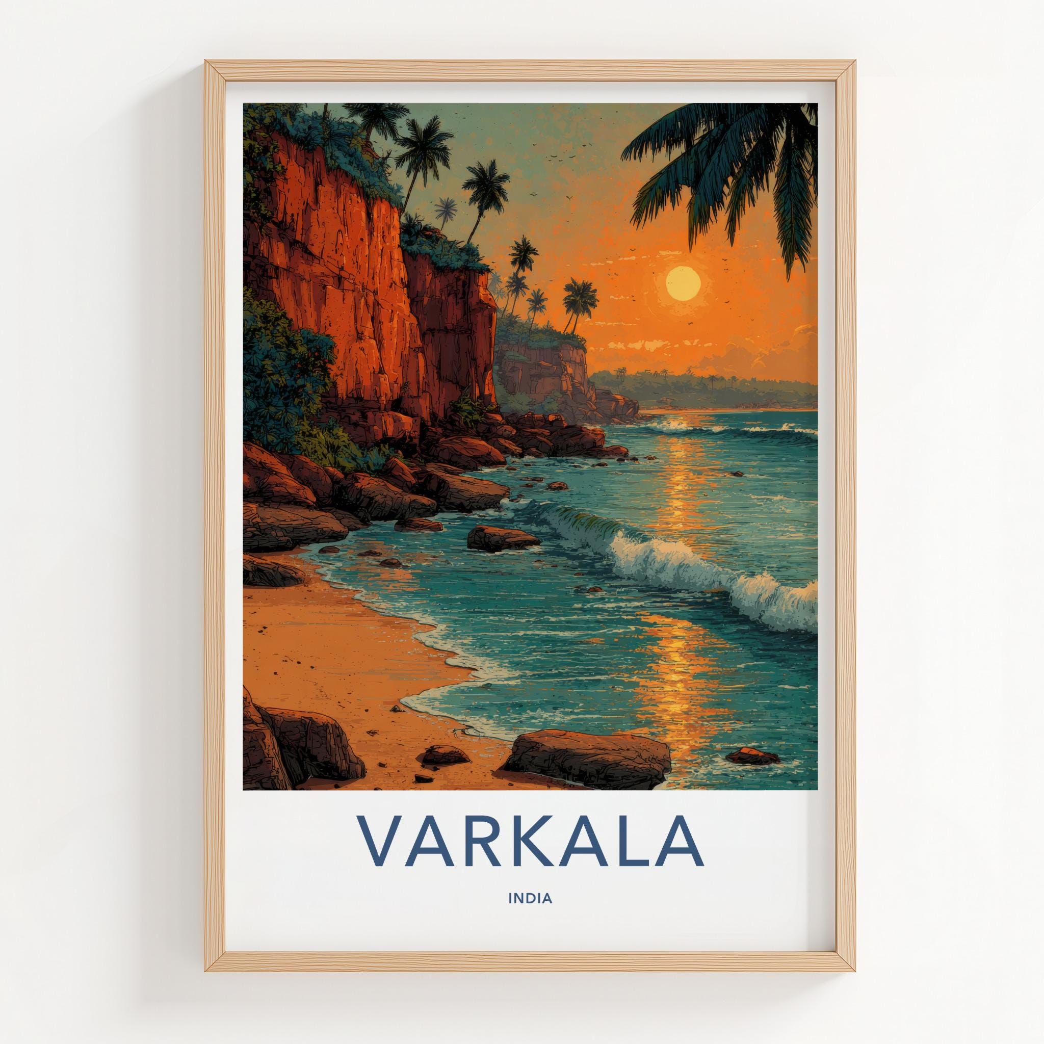 Varkala Poster - India Travel Art - Kerala Cliffs Beach Sunset Wall Decor