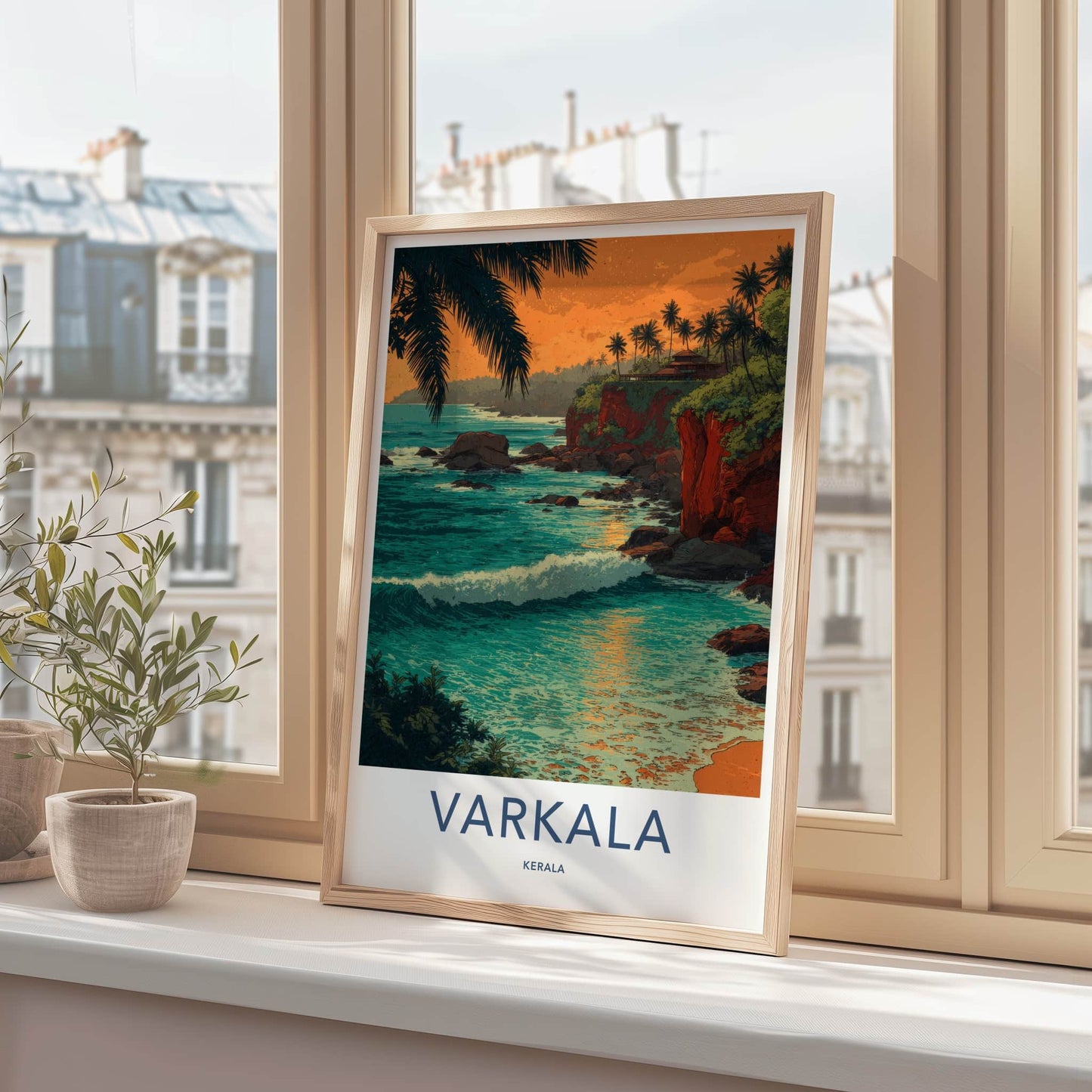 Varkala Poster - India Travel Print - Cliffside Palms Sunset Home Decor