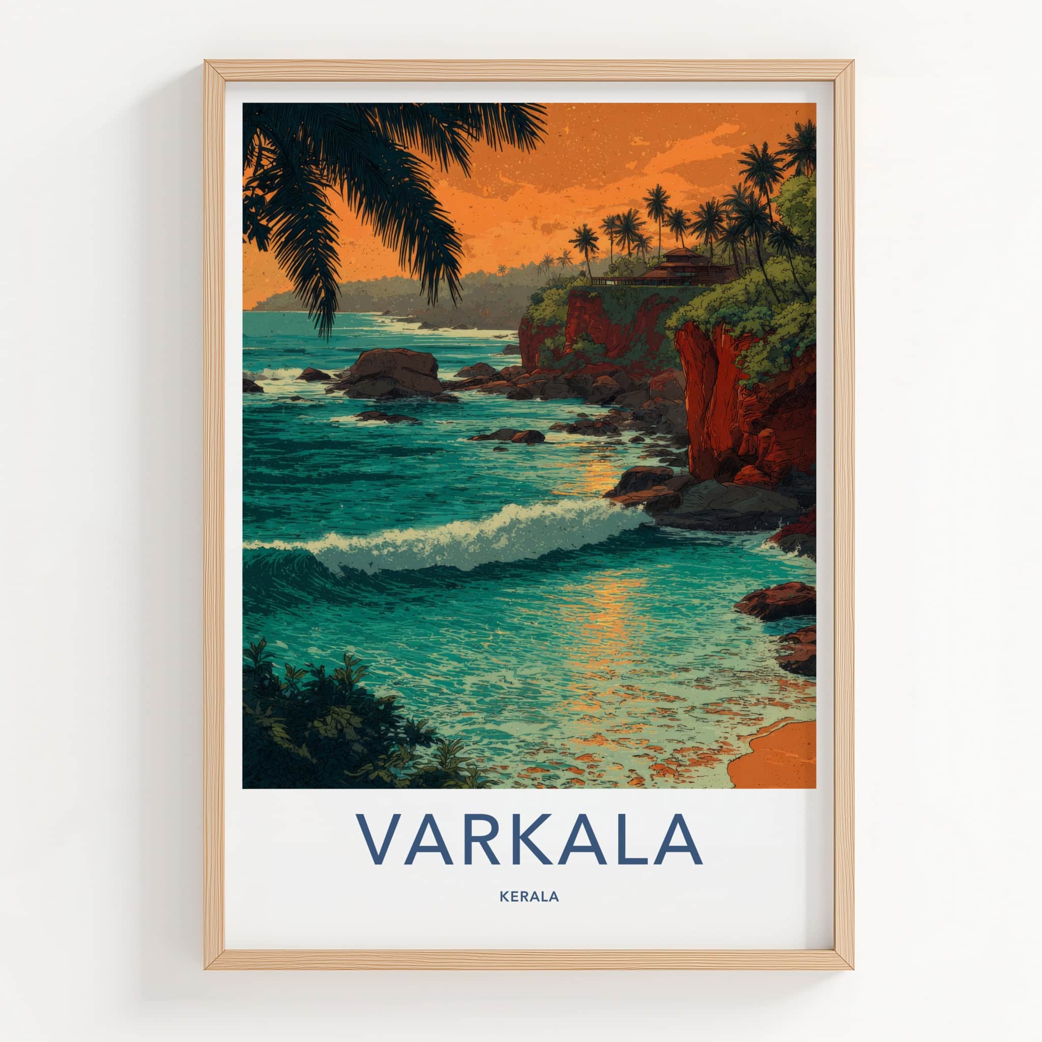 Varkala Poster - India Travel Print - Cliffside Palms Sunset Home Decor