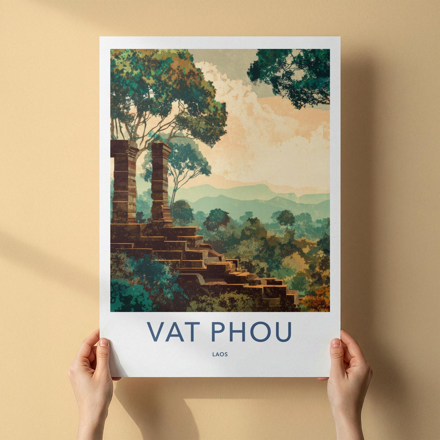 Vat Phou Poster - Laos Travel Art - Ancient Ruin Steps Wall Decor