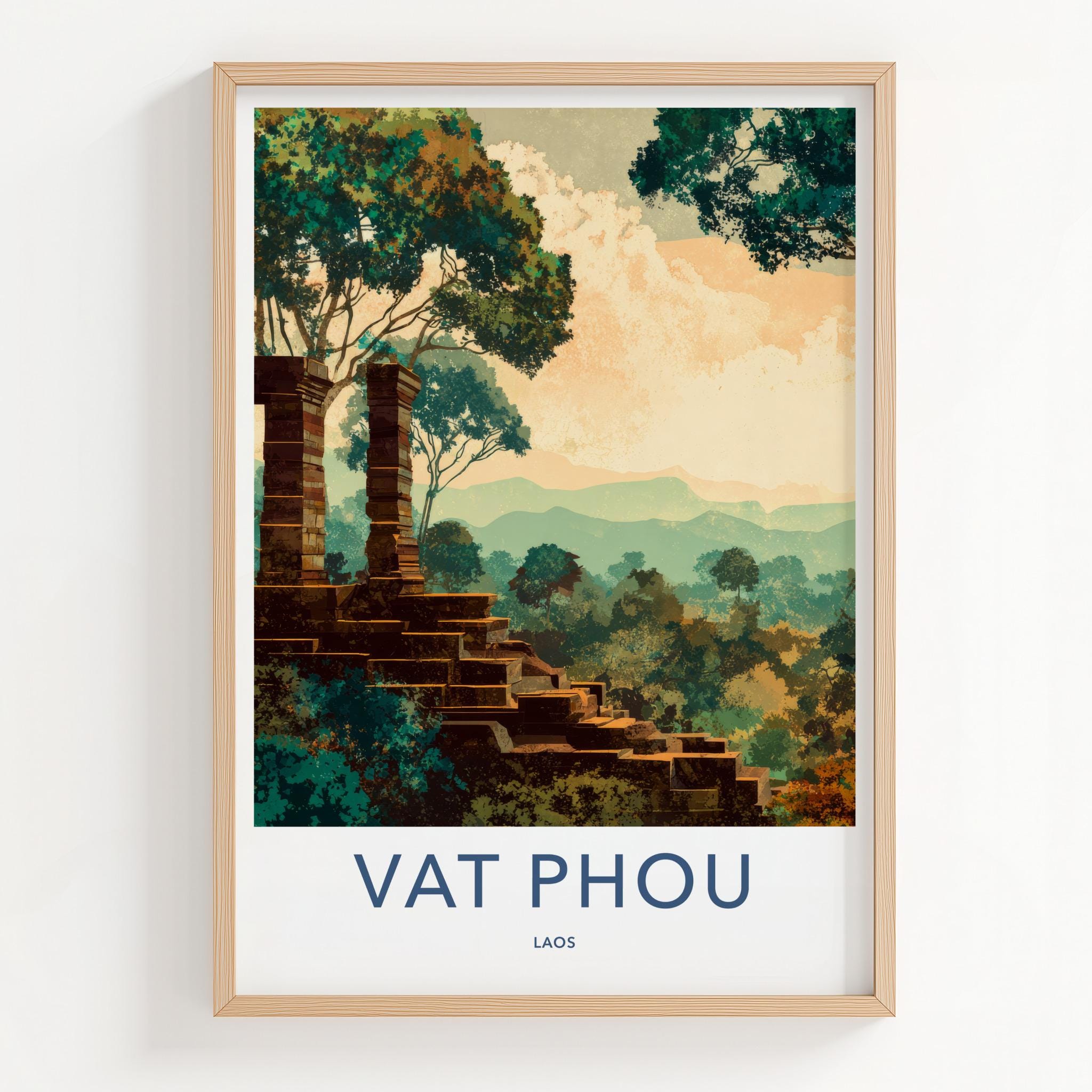 Vat Phou Poster - Laos Travel Art - Ancient Ruin Steps Wall Decor