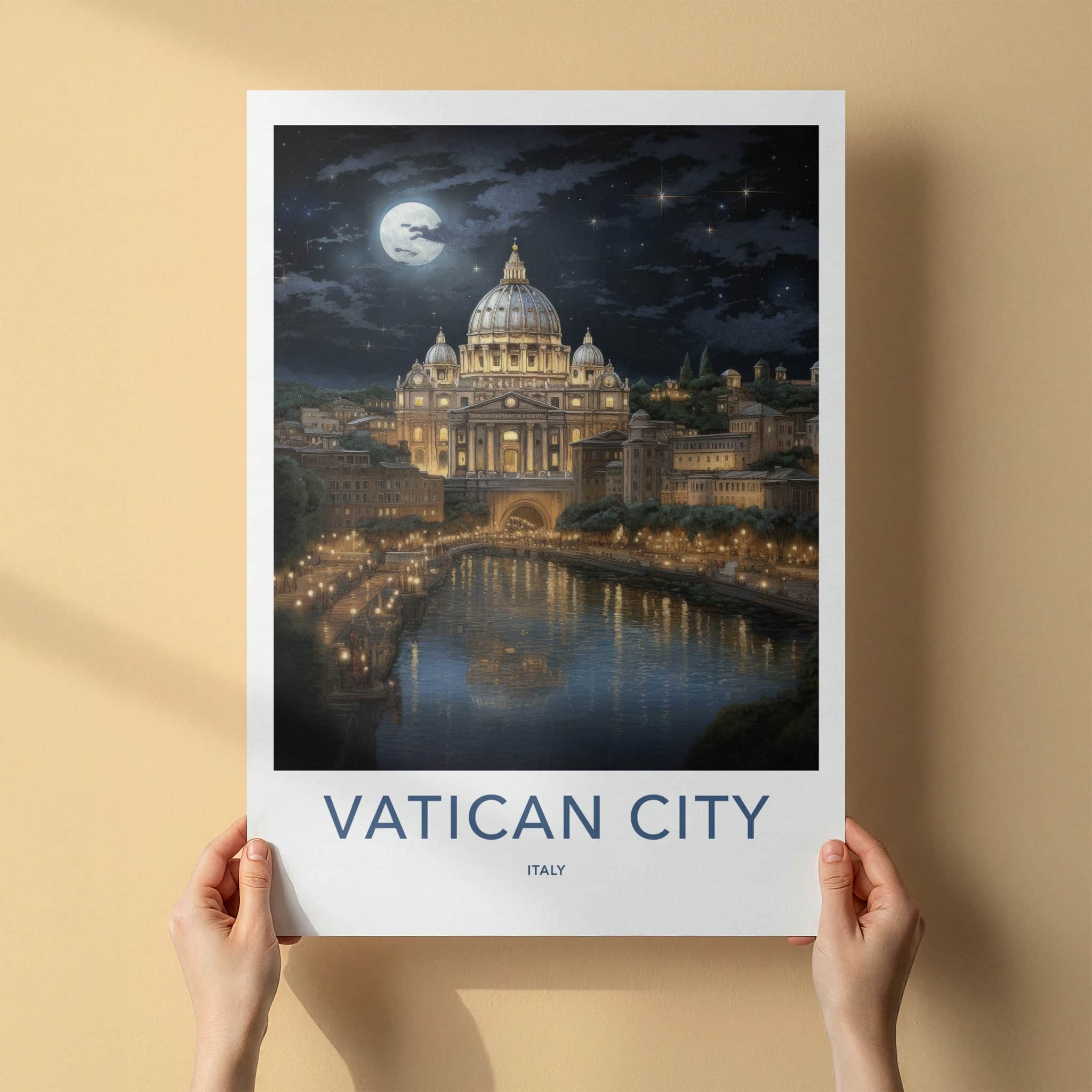 Vatican City Poster - Italy Travel Art - Moonlit River City Home Decor